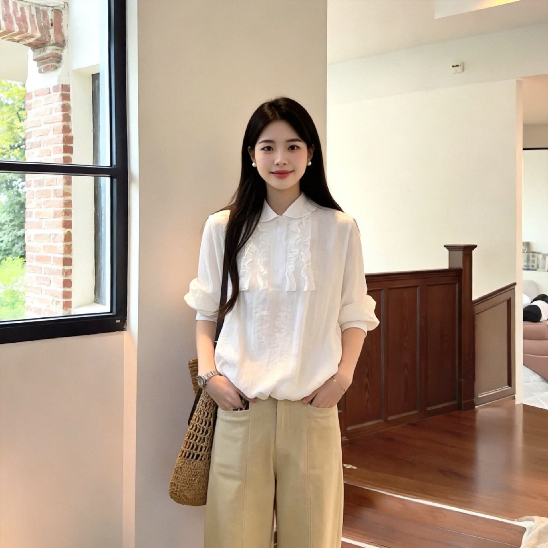 가을 프릴 패치워크 화이트 꽃밭 여성 셔츠 상세 이미지 6