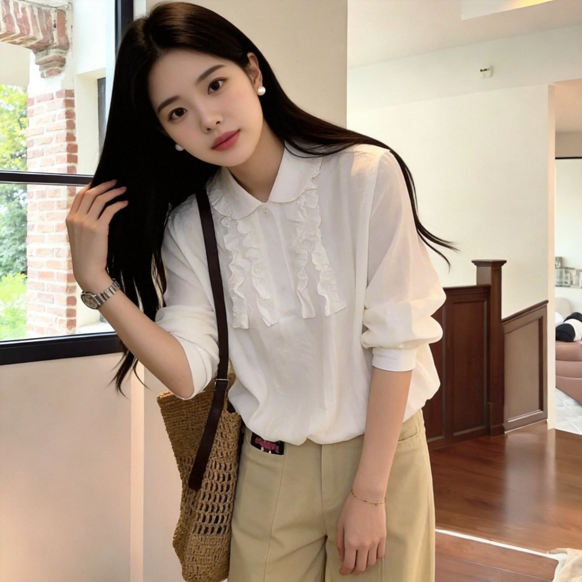 가을 프릴 패치워크 화이트 꽃밭 여성 셔츠 상세 이미지 7