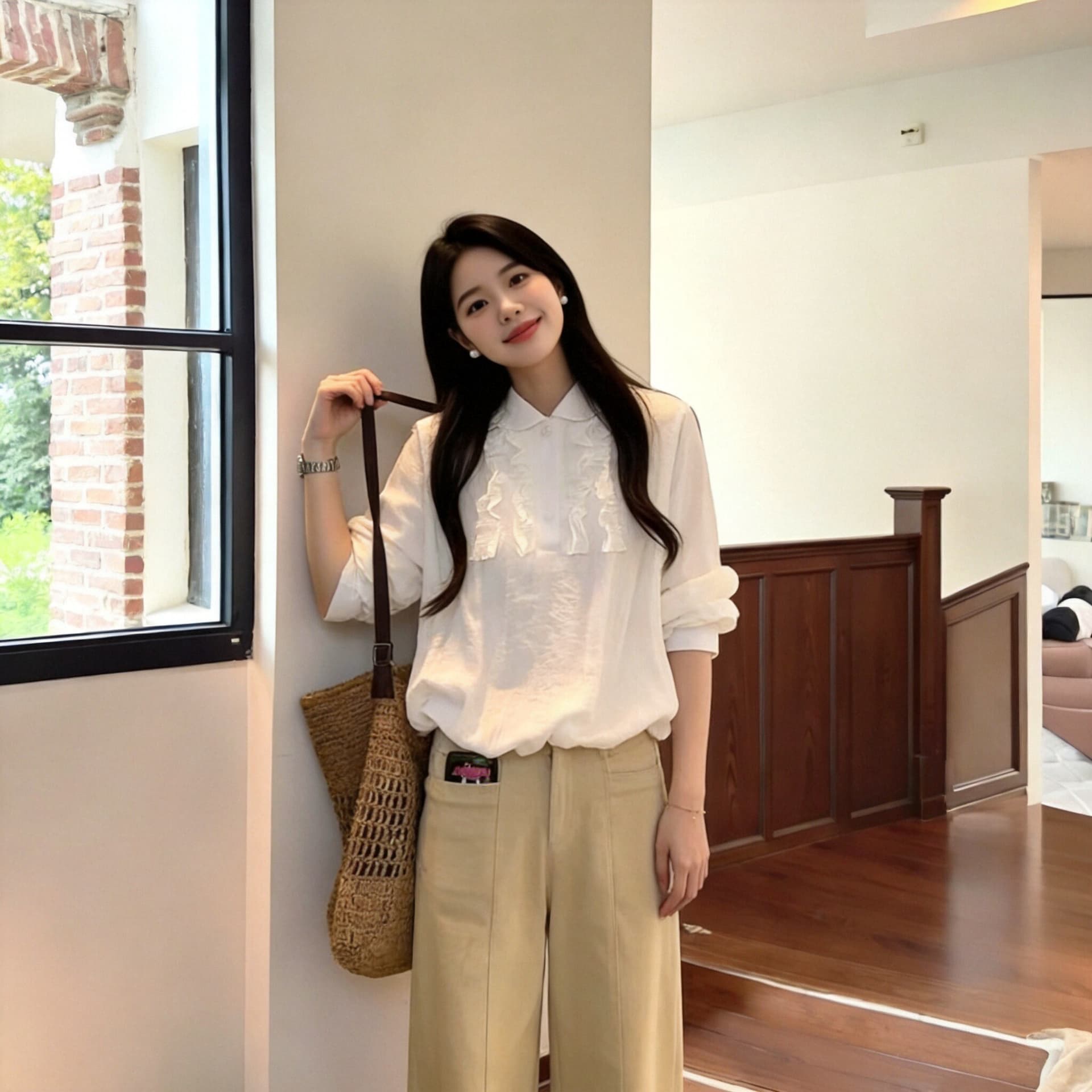 가을 프릴 패치워크 화이트 꽃밭 여성 셔츠 상세 이미지 8