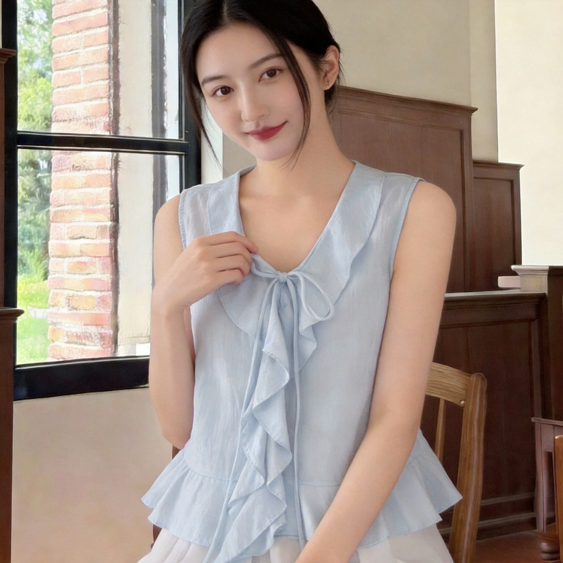프릴 스트랩 V넥 민소매 맨위 여성 이미지 3