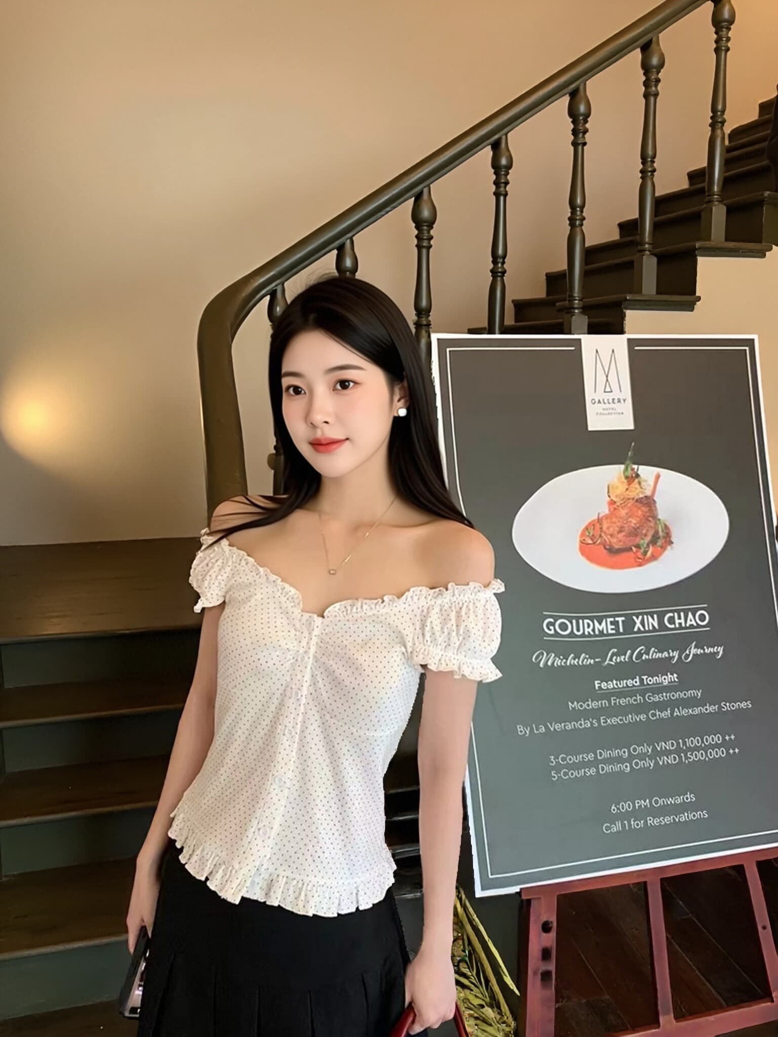 도트 무늬 프릴 날다 소매 맨위 여성 이미지 4