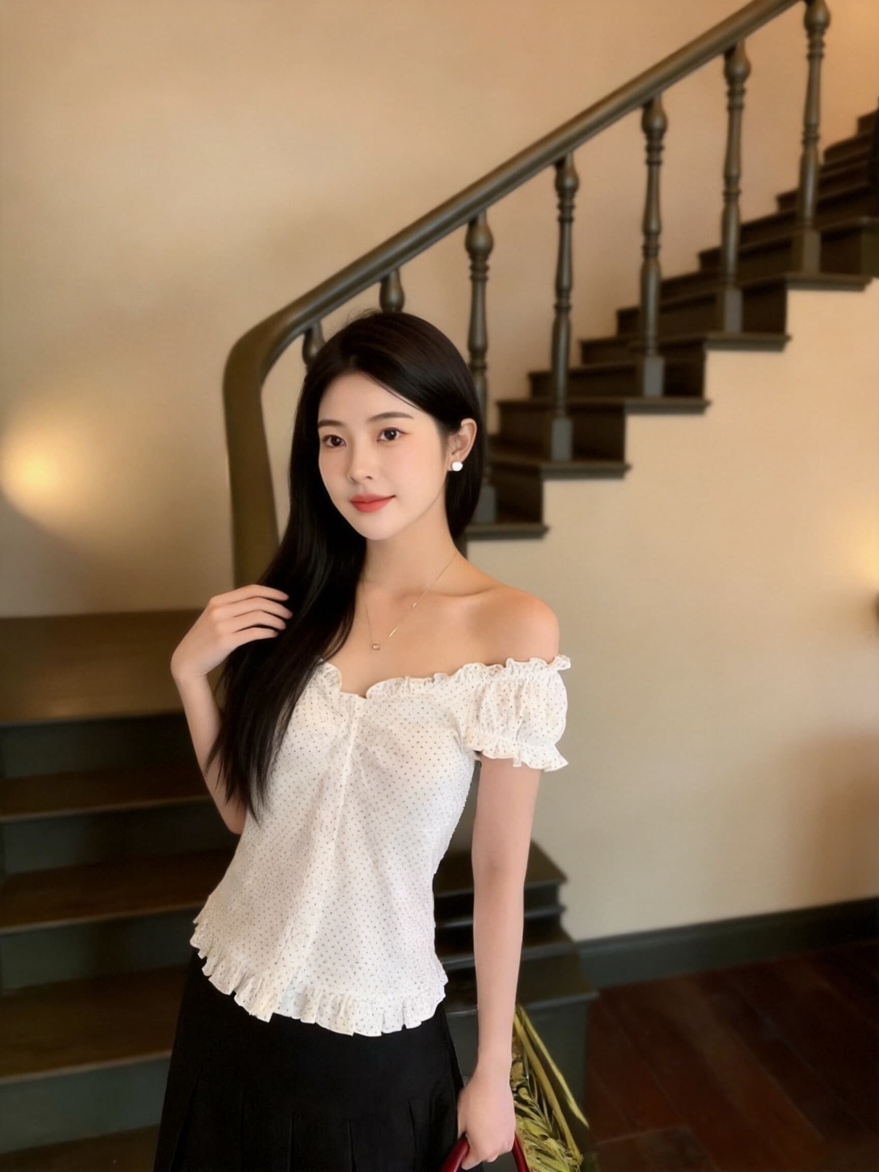 도트 무늬 프릴 날다 소매 맨위 여성 이미지 3