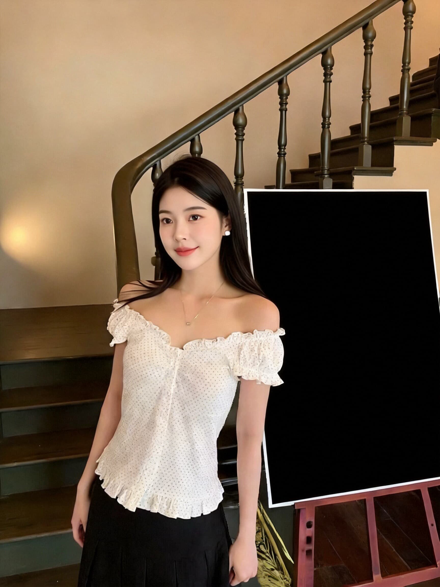 도트 무늬 프릴 날다 소매 맨위 여성 상세 이미지 3