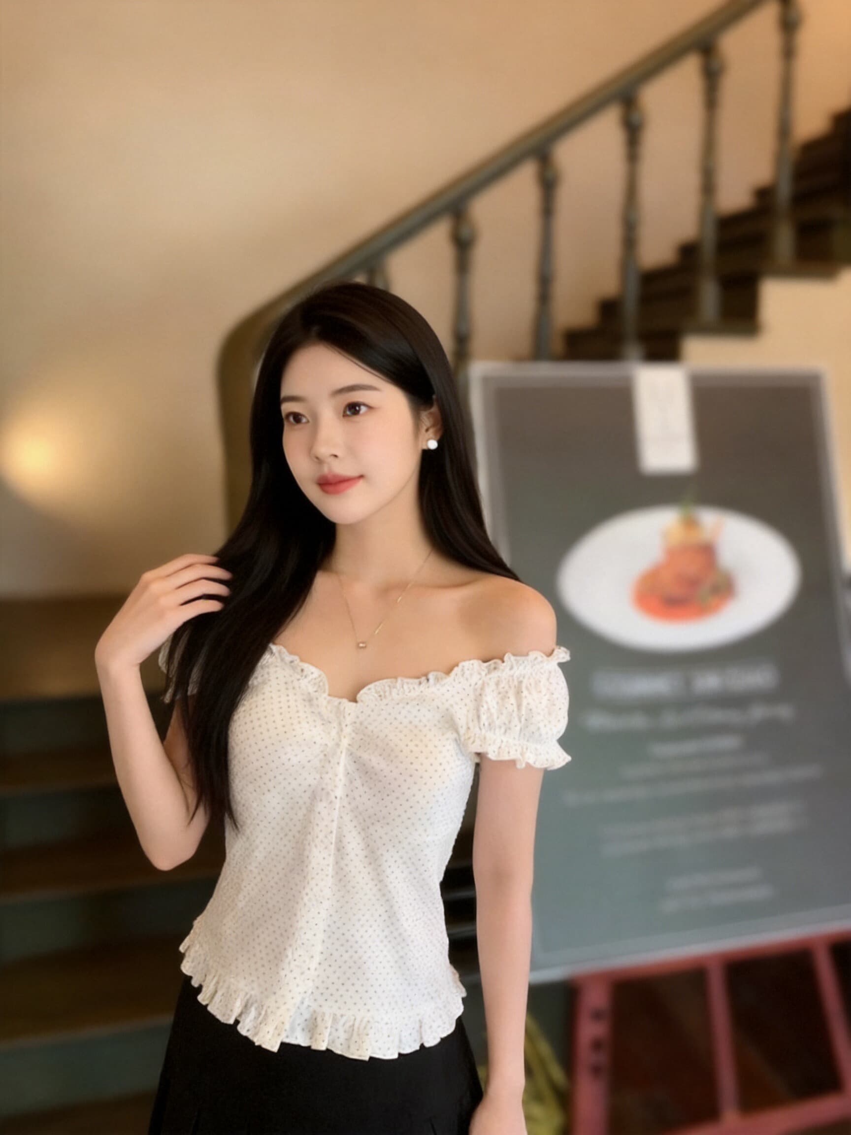 도트 무늬 프릴 날다 소매 맨위 여성 상세 이미지 4