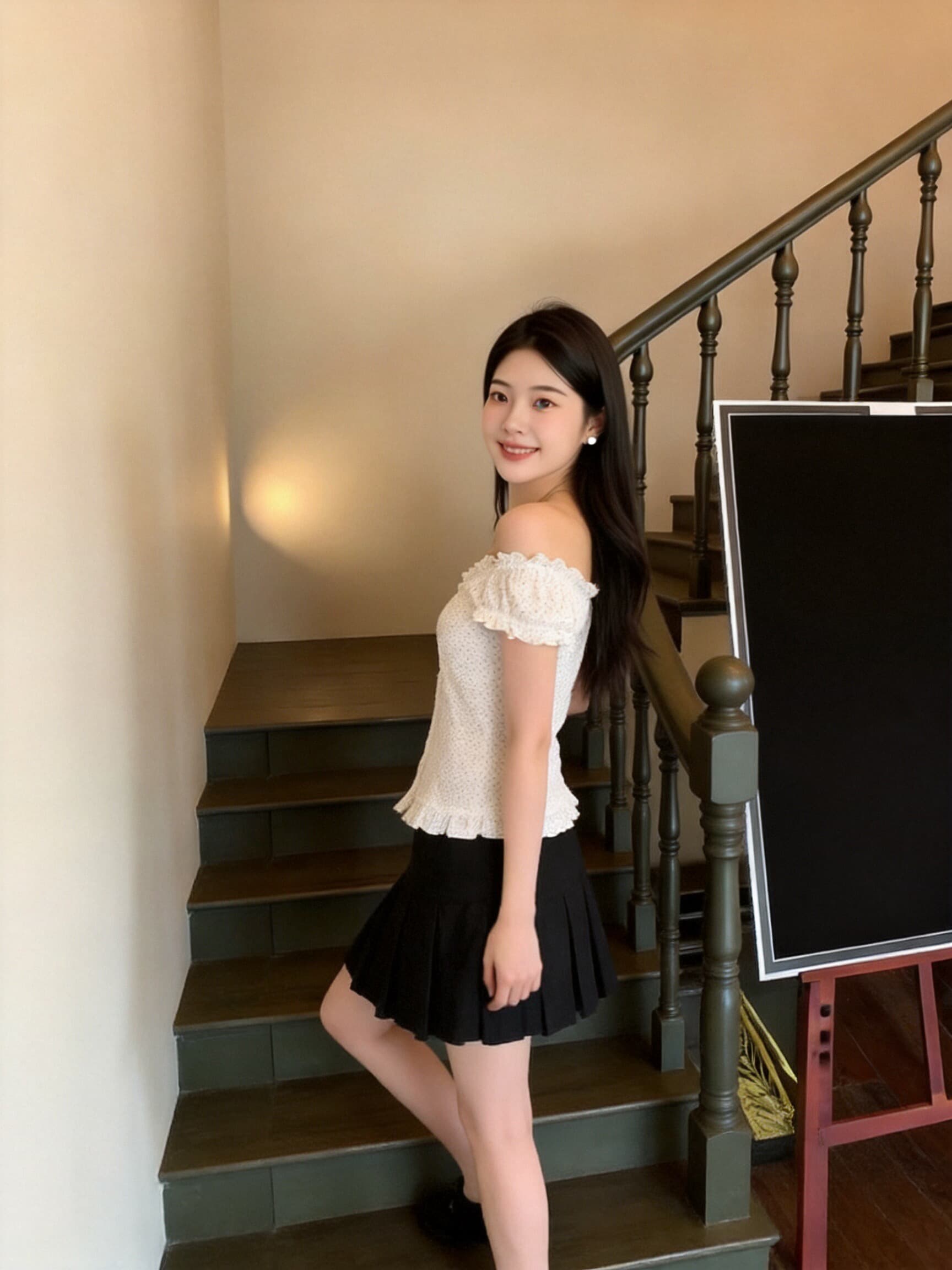 도트 무늬 프릴 날다 소매 맨위 여성 상세 이미지 6