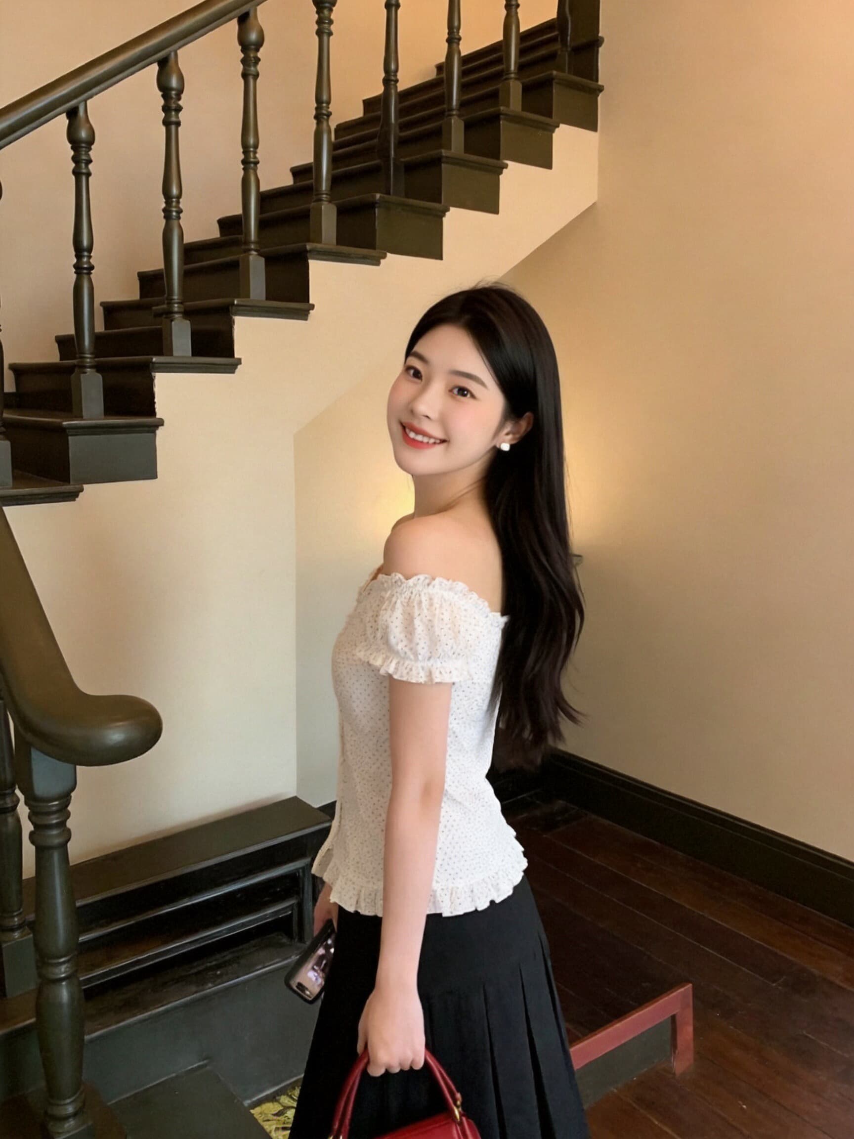 도트 무늬 프릴 날다 소매 맨위 여성 상세 이미지 7