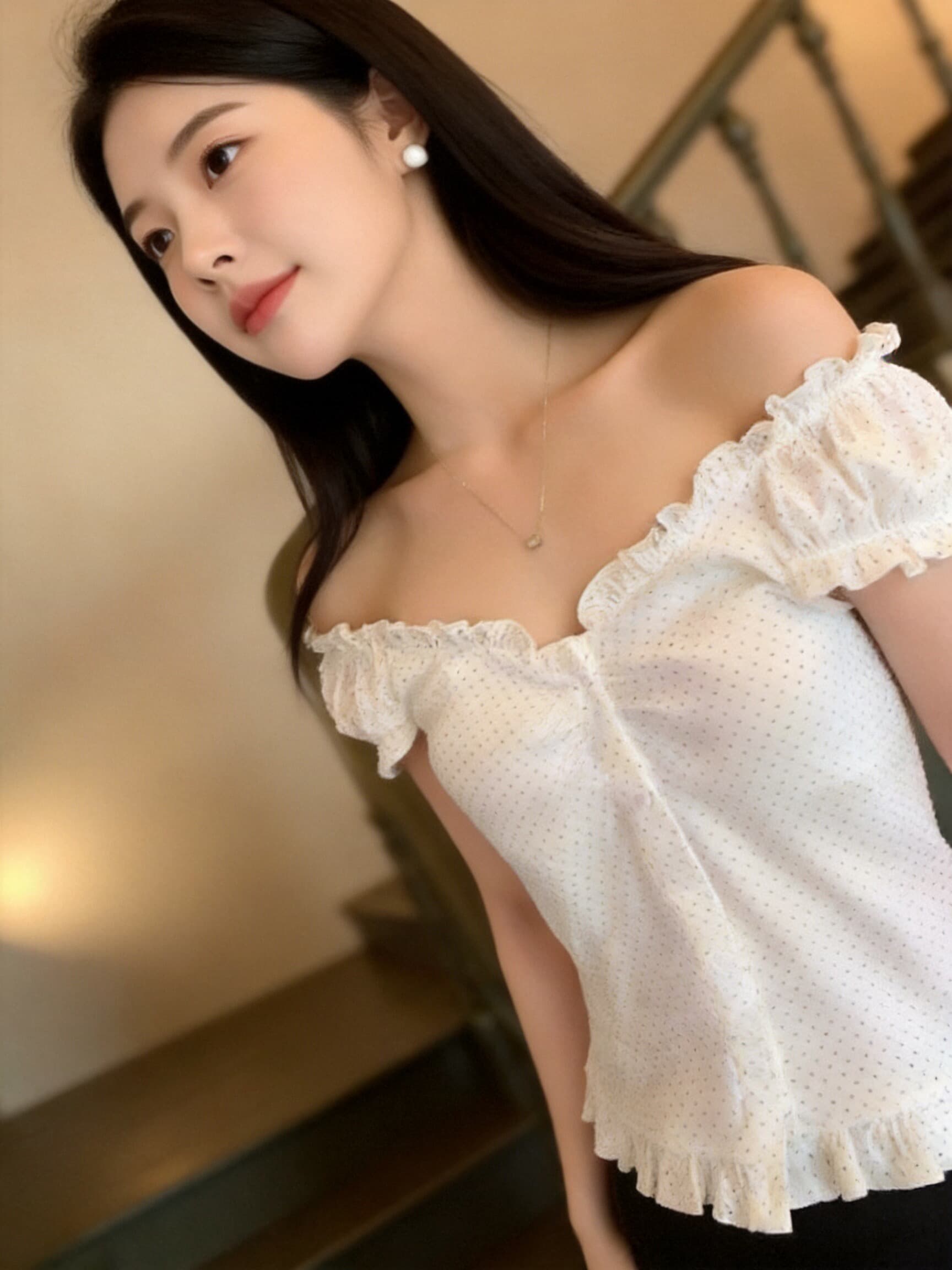 도트 무늬 프릴 날다 소매 맨위 여성 상세 이미지 8