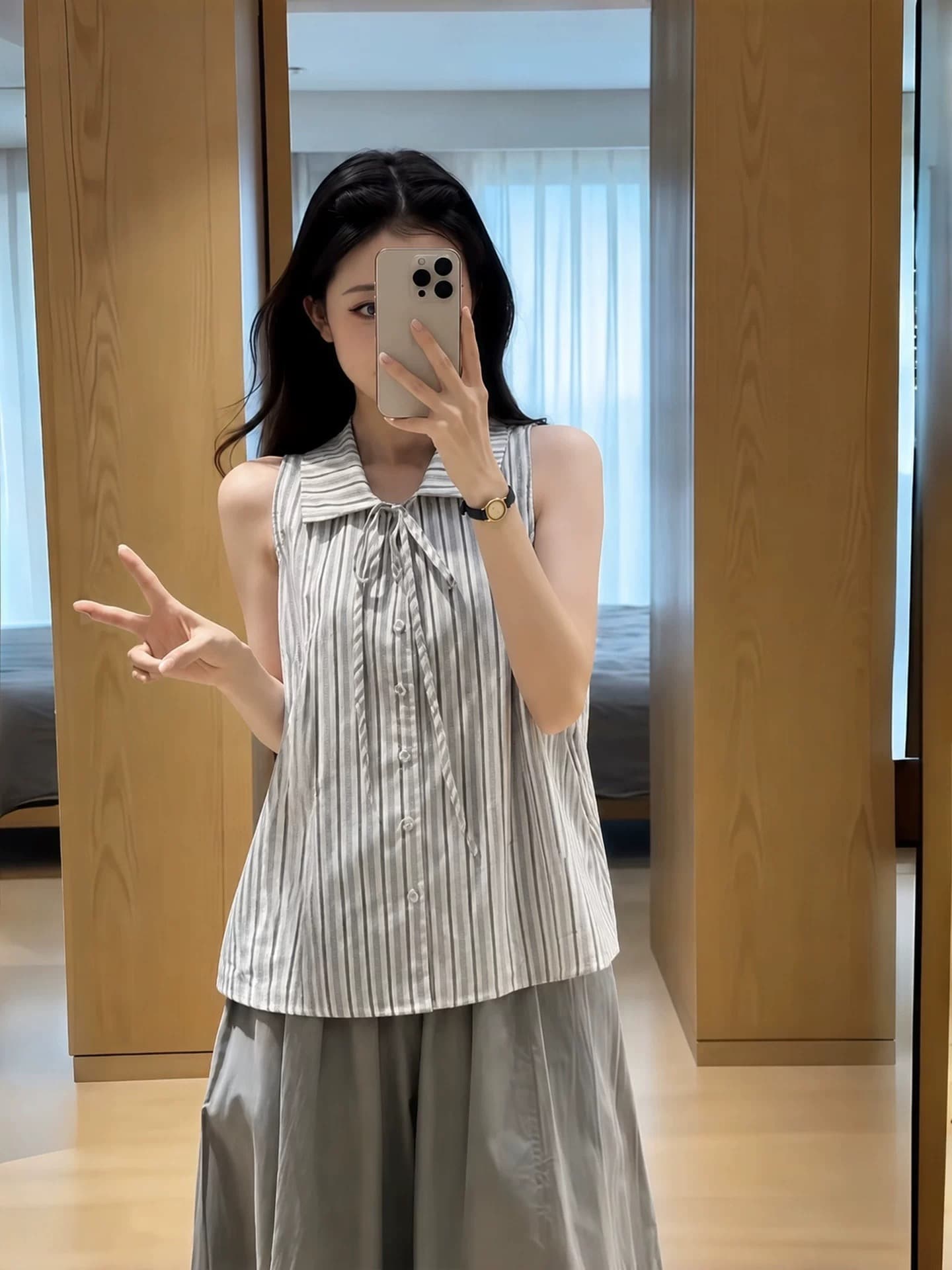 폴로 칼라 스트라이프 나비 매듭 여성 셔츠 이미지 3