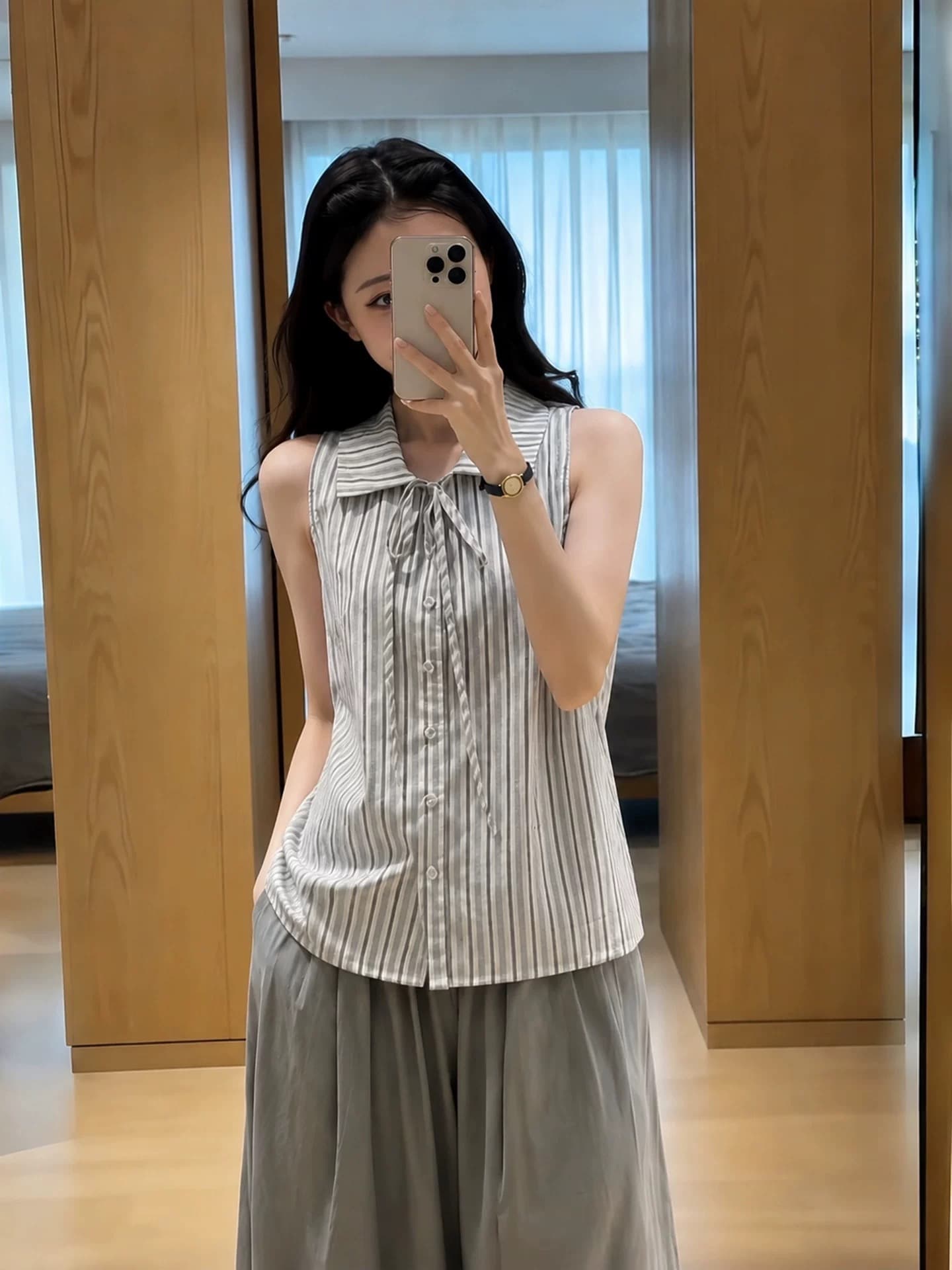 폴로 칼라 스트라이프 나비 매듭 여성 셔츠 상세 이미지 2