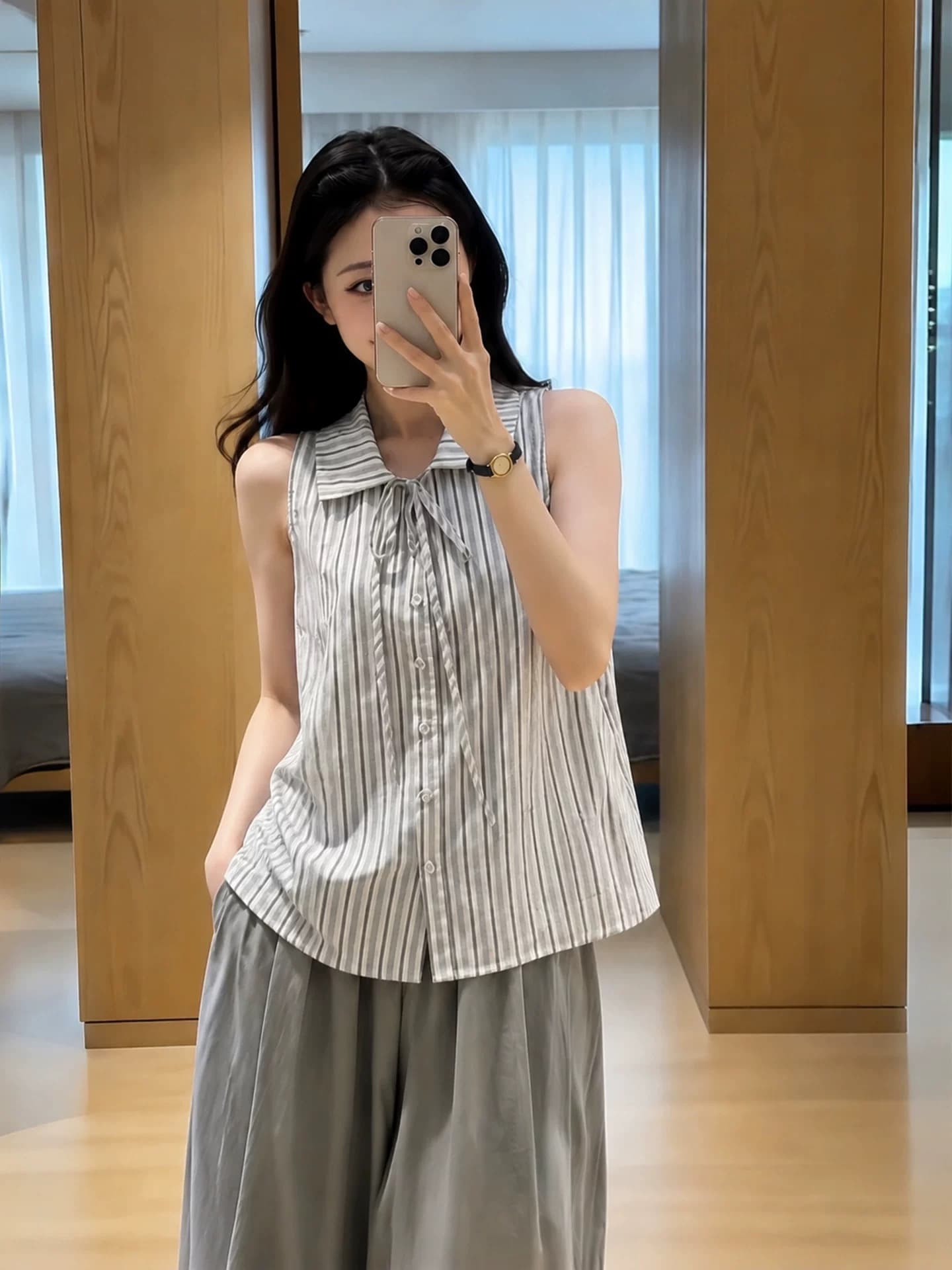 폴로 칼라 스트라이프 나비 매듭 여성 셔츠 상세 이미지 3