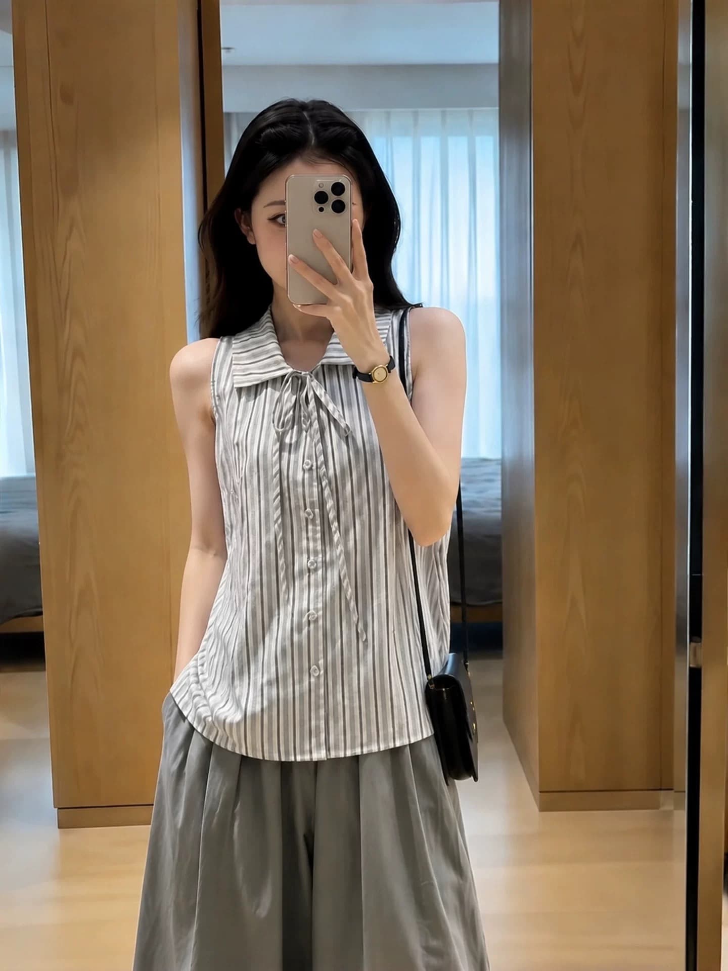 폴로 칼라 스트라이프 나비 매듭 여성 셔츠 상세 이미지 6