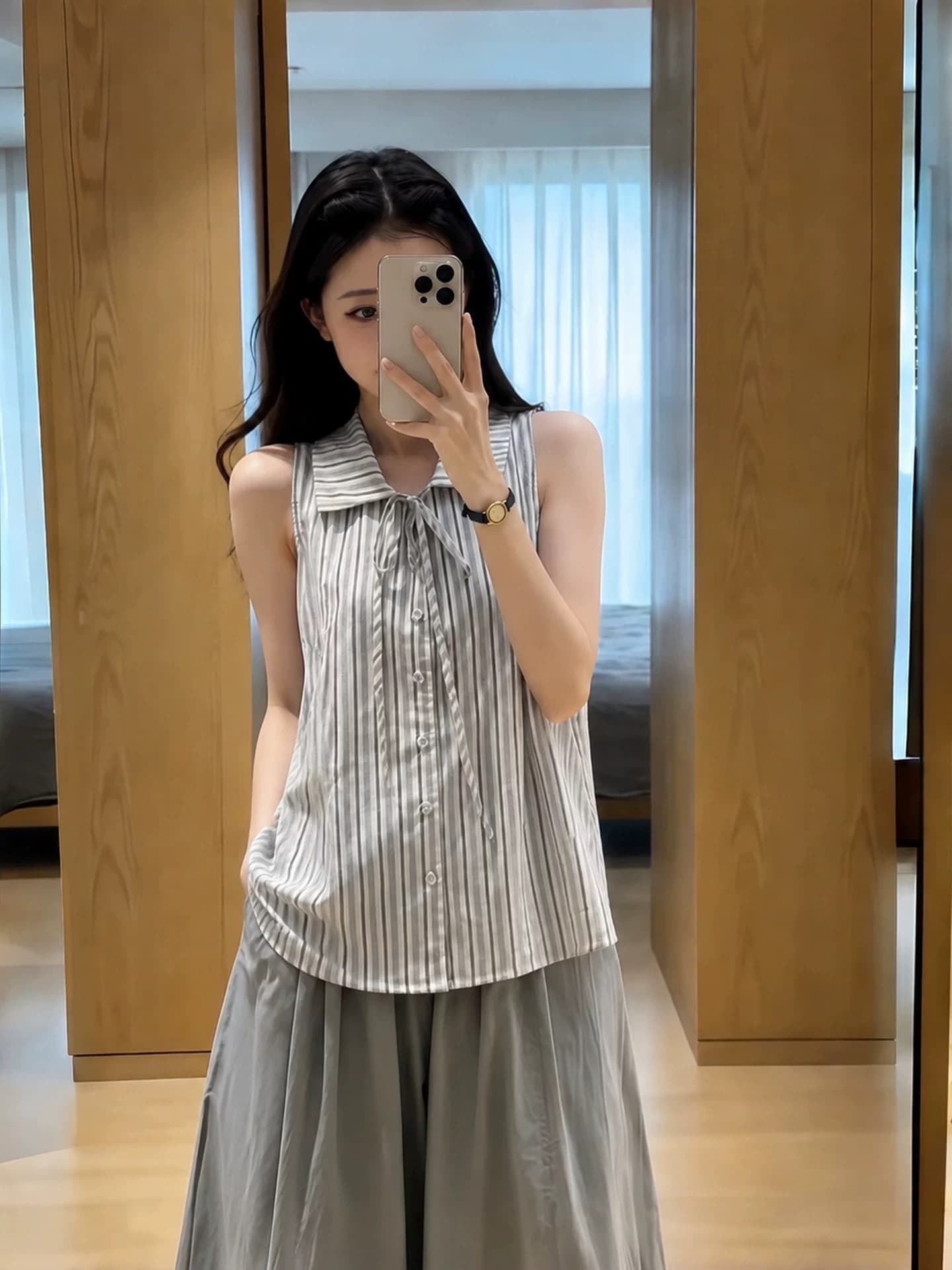 폴로 칼라 스트라이프 나비 매듭 여성 셔츠 상세 이미지 8