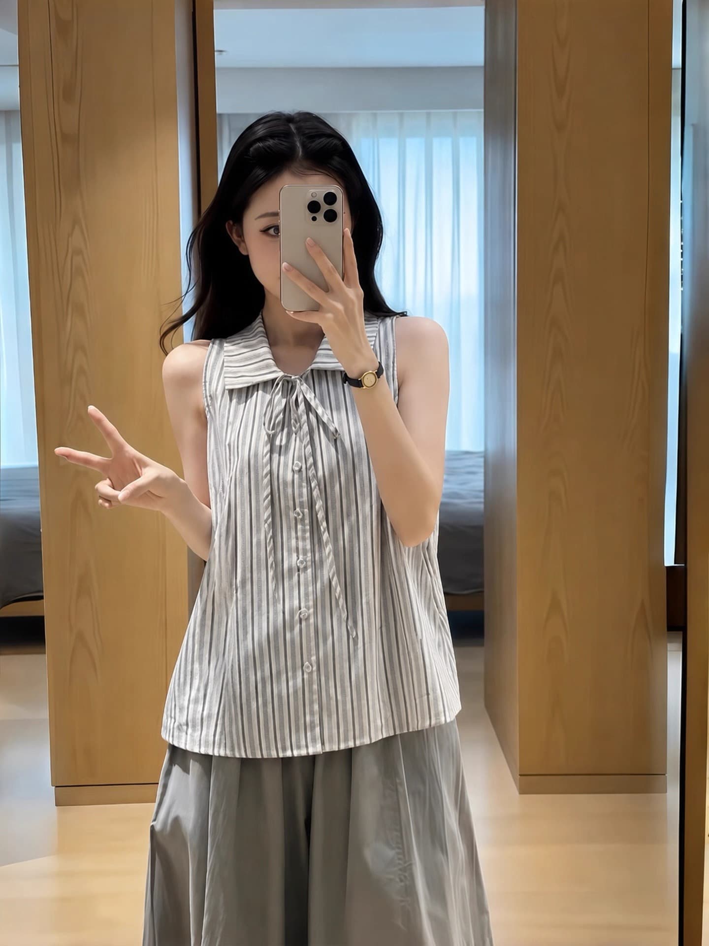 폴로 칼라 스트라이프 나비 매듭 여성 셔츠 상세 이미지 9