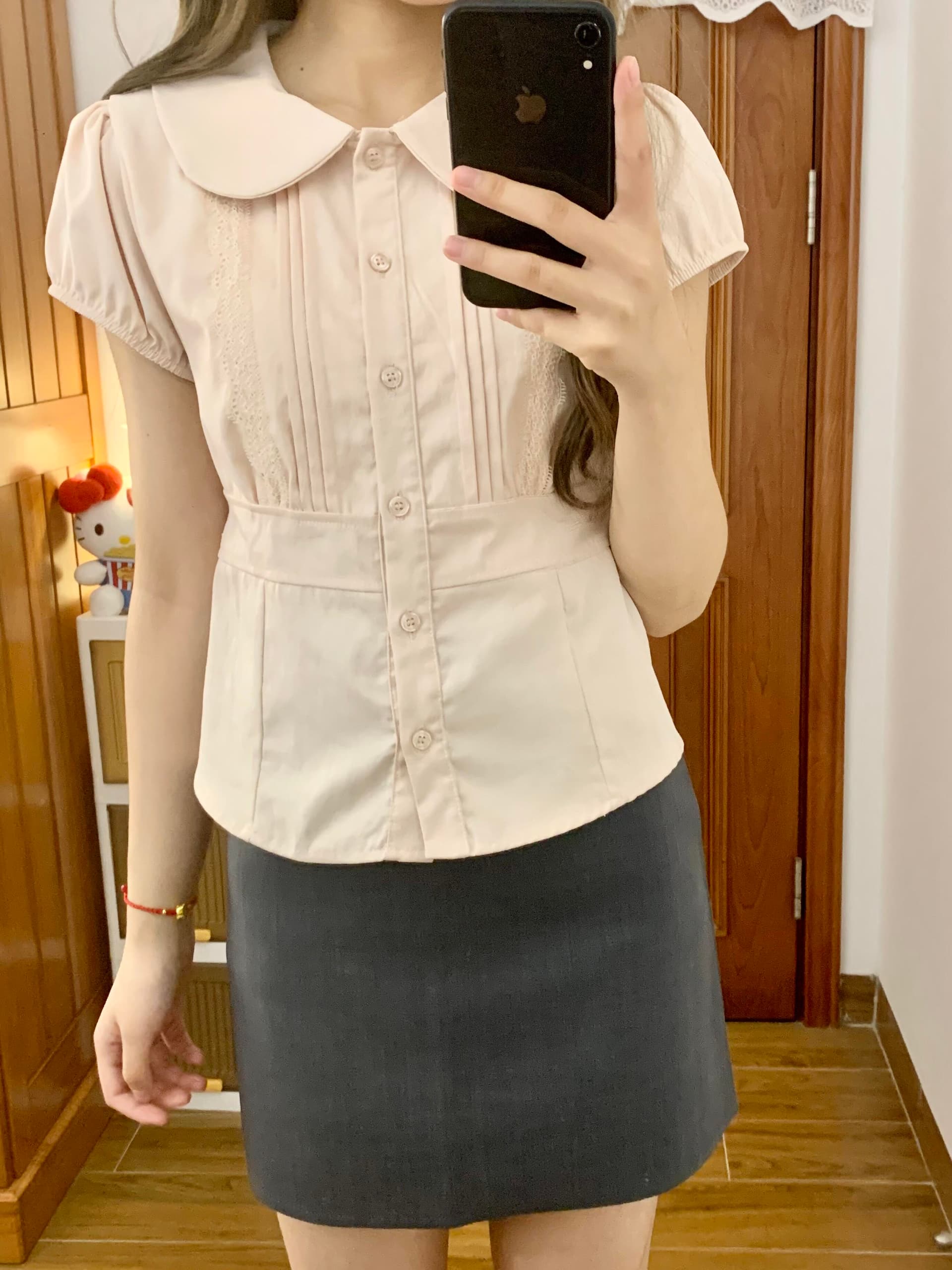 베이비 칼라 허리 수축 레이스 레이스 셔츠 여성 이미지 3