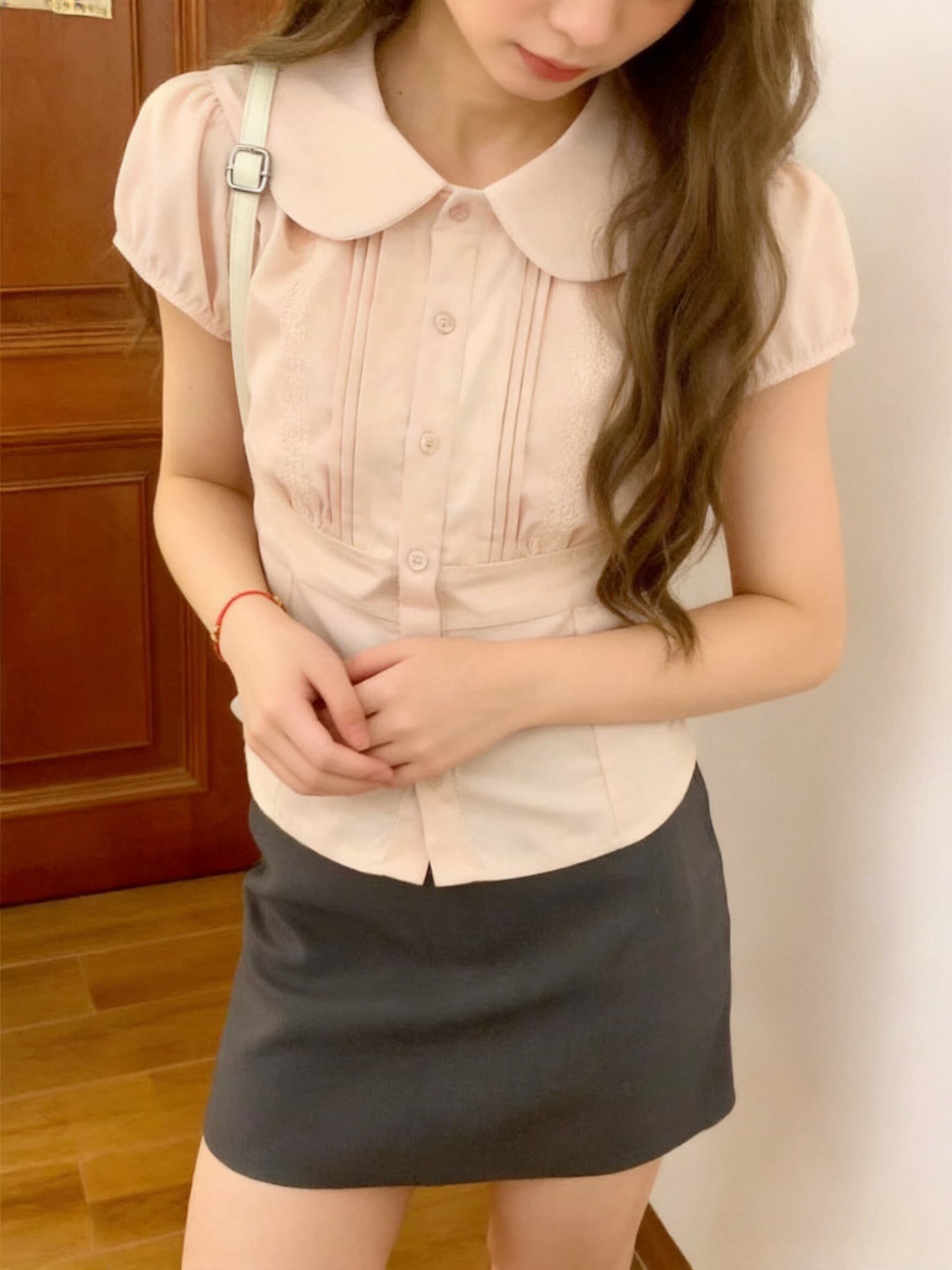 베이비 칼라 허리 수축 레이스 레이스 셔츠 여성 이미지 4