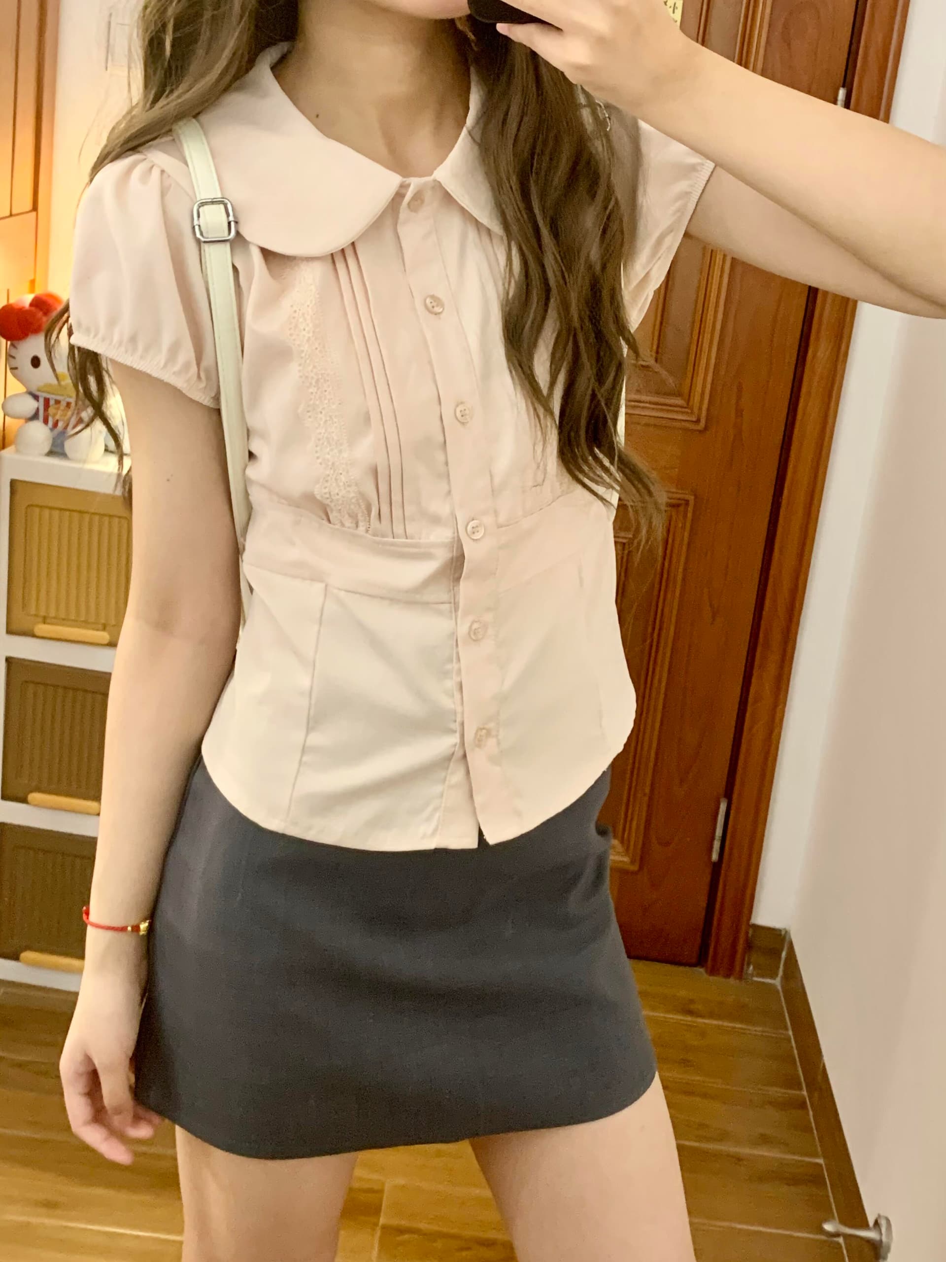 베이비 칼라 허리 수축 레이스 레이스 셔츠 여성 상세 이미지 3