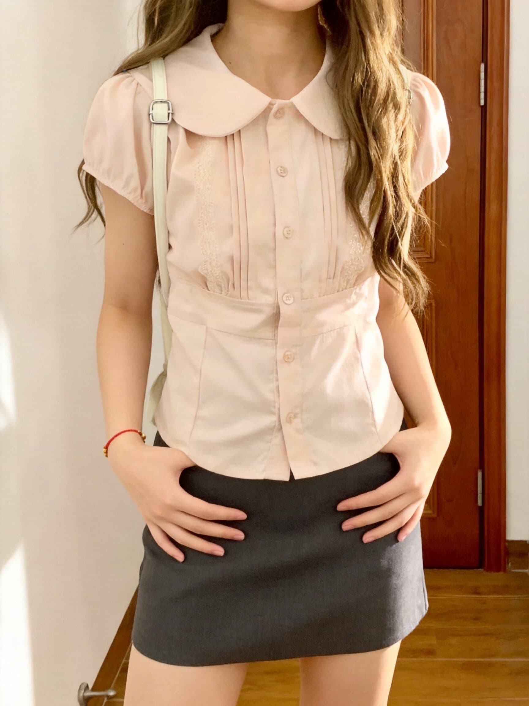 베이비 칼라 허리 수축 레이스 레이스 셔츠 여성 상세 이미지 5