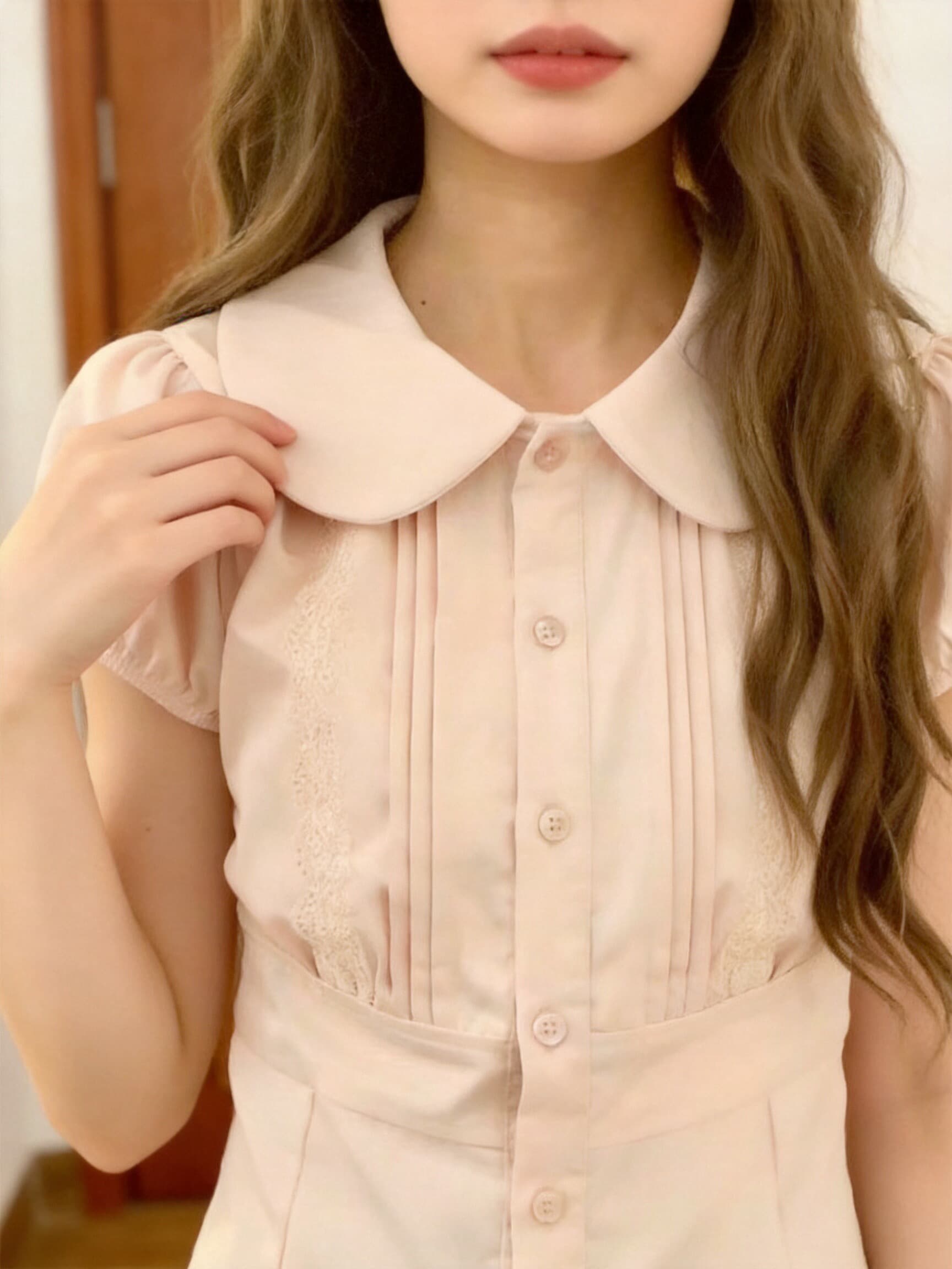 베이비 칼라 허리 수축 레이스 레이스 셔츠 여성 상세 이미지 8