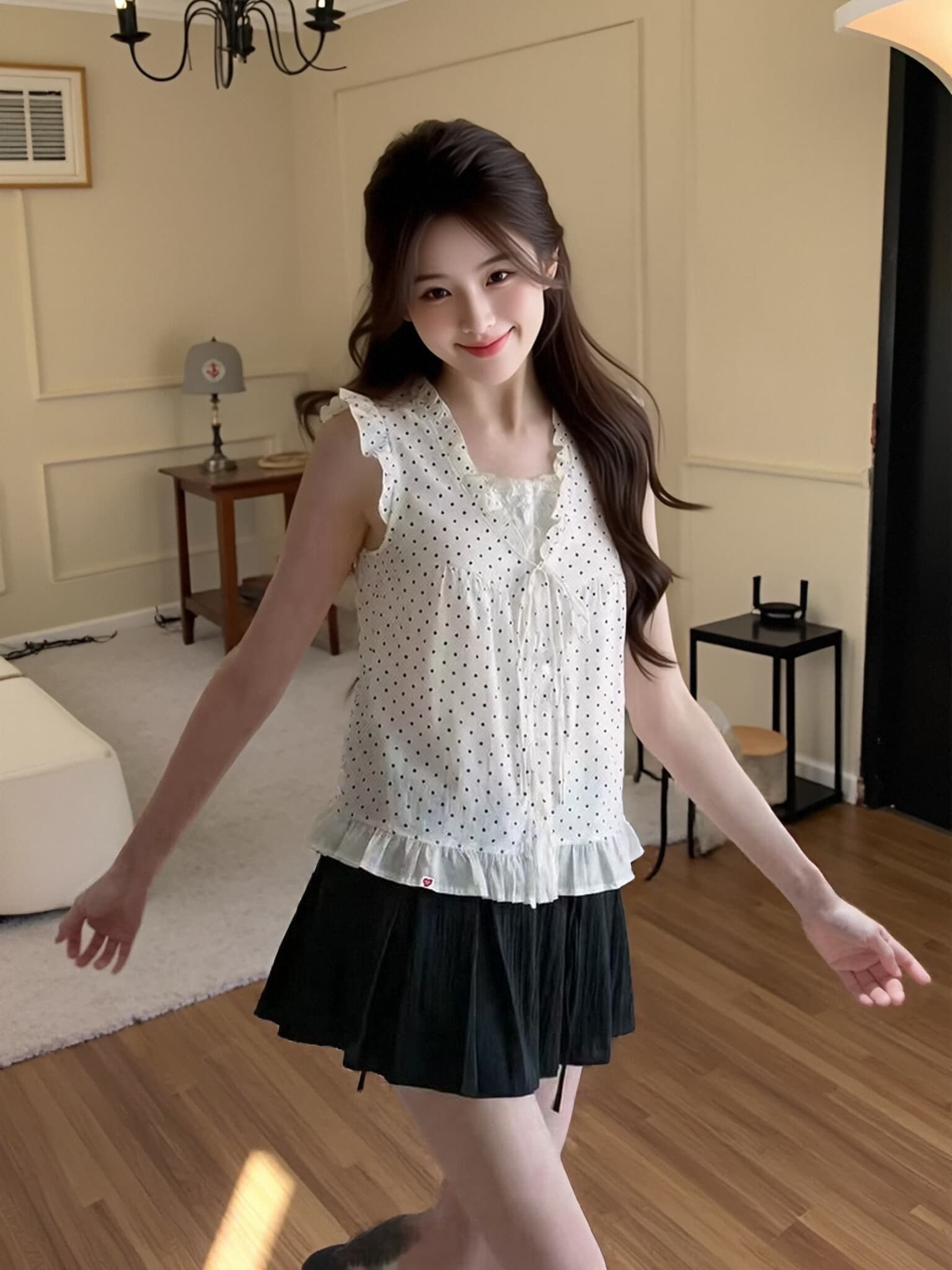 페이크 레이어드 도트 무늬 목이버섯 레이스 여성 셔츠 이미지 5