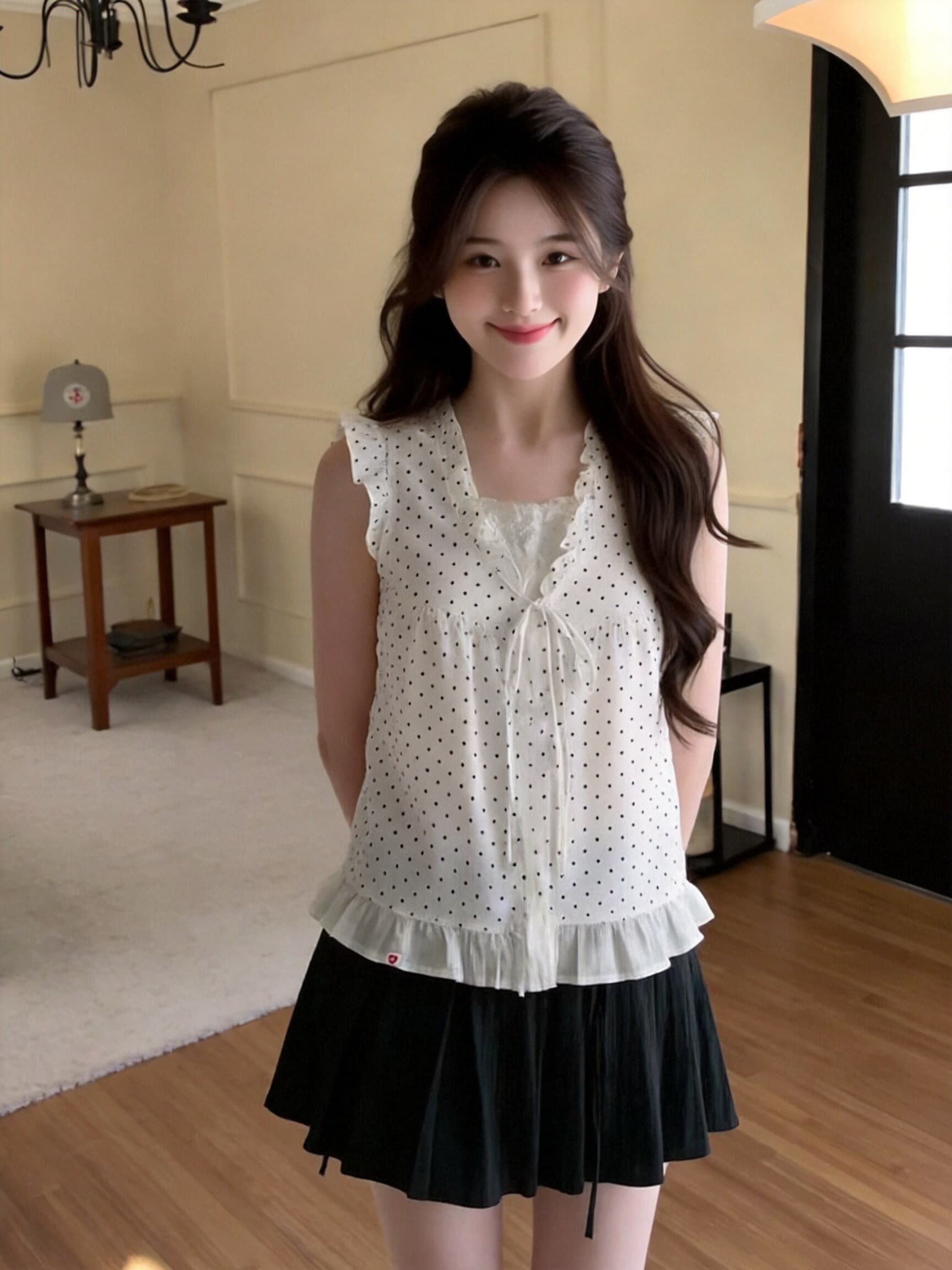 페이크 레이어드 도트 무늬 목이버섯 레이스 여성 셔츠 이미지 2