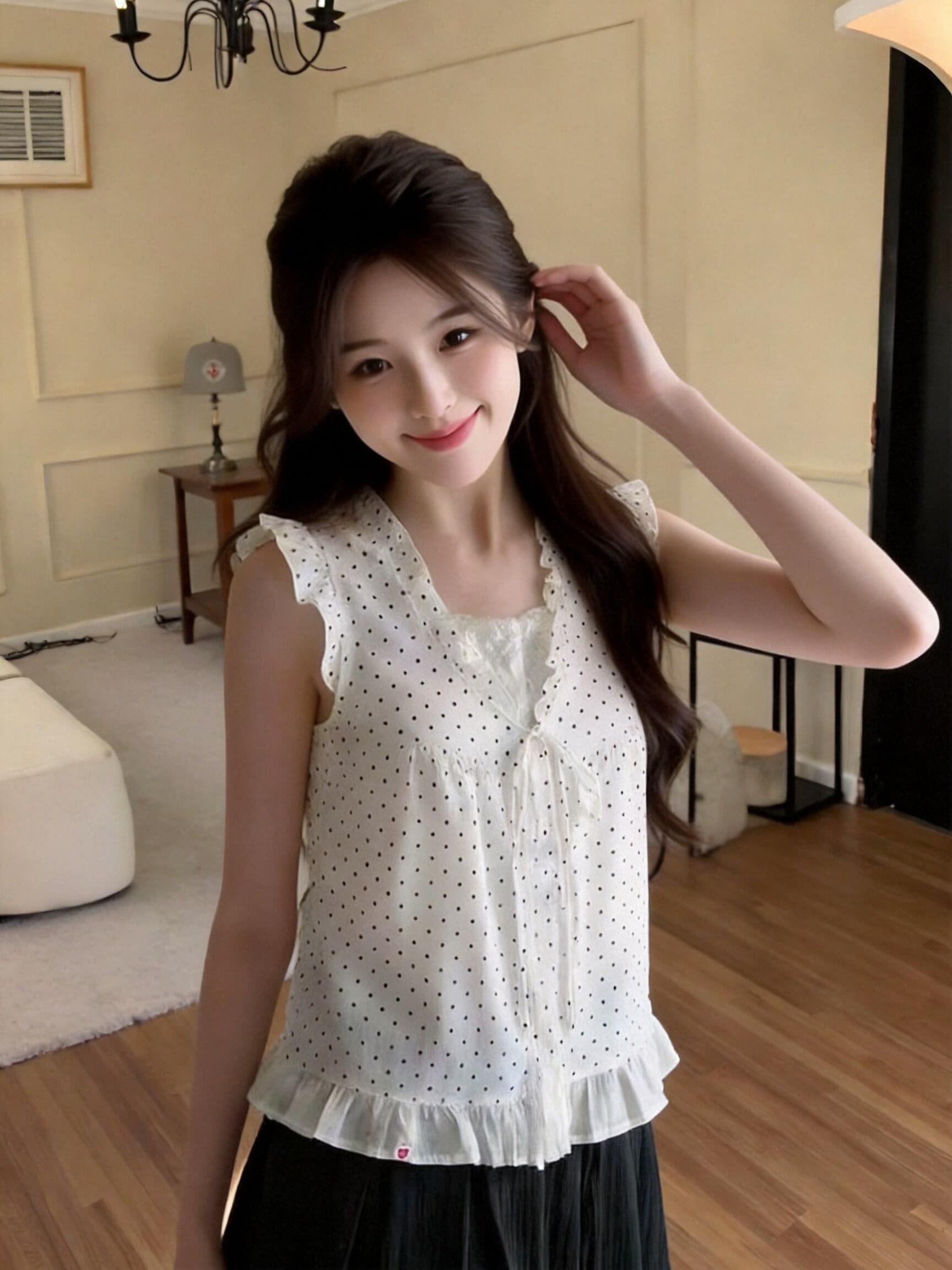 페이크 레이어드 도트 무늬 목이버섯 레이스 여성 셔츠 상세 이미지 3