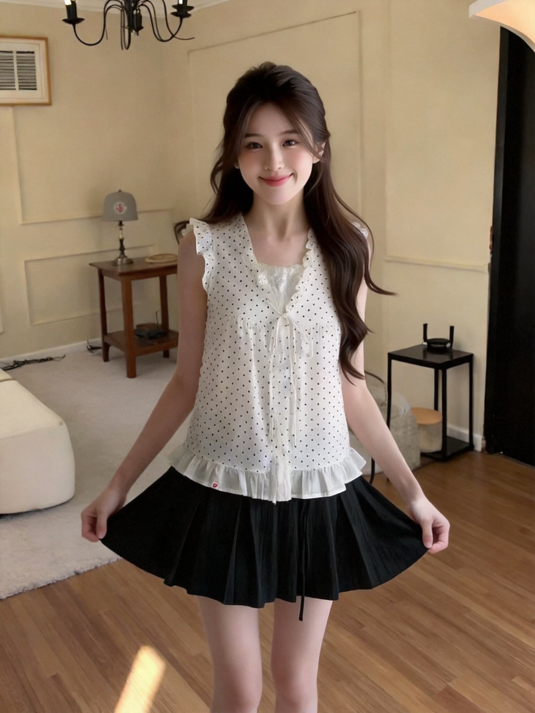 페이크 레이어드 도트 무늬 목이버섯 레이스 여성 셔츠 상세 이미지 4