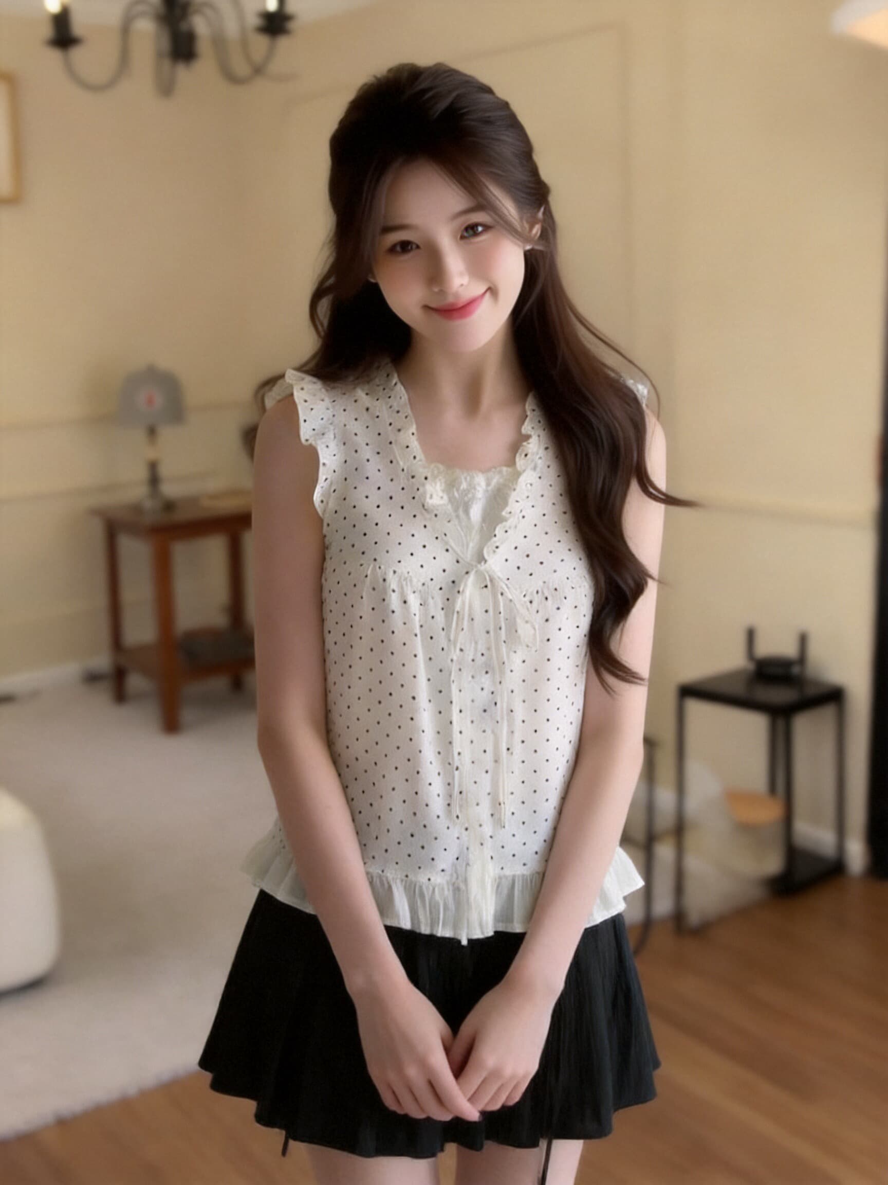 페이크 레이어드 도트 무늬 목이버섯 레이스 여성 셔츠 상세 이미지 5