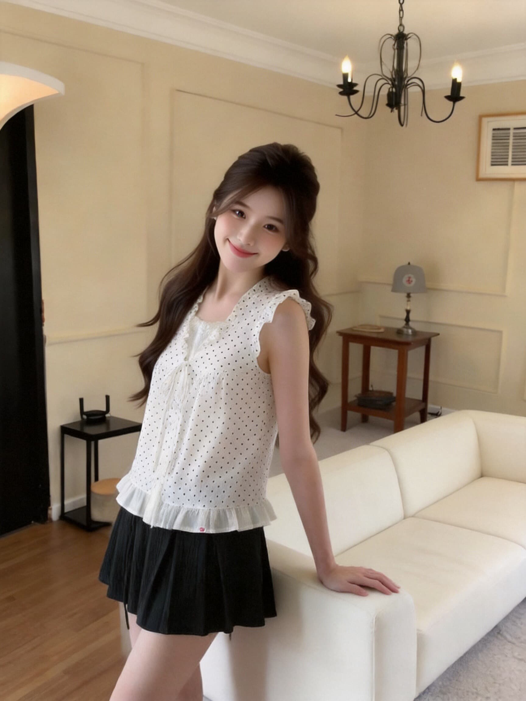 페이크 레이어드 도트 무늬 목이버섯 레이스 여성 셔츠 상세 이미지 6