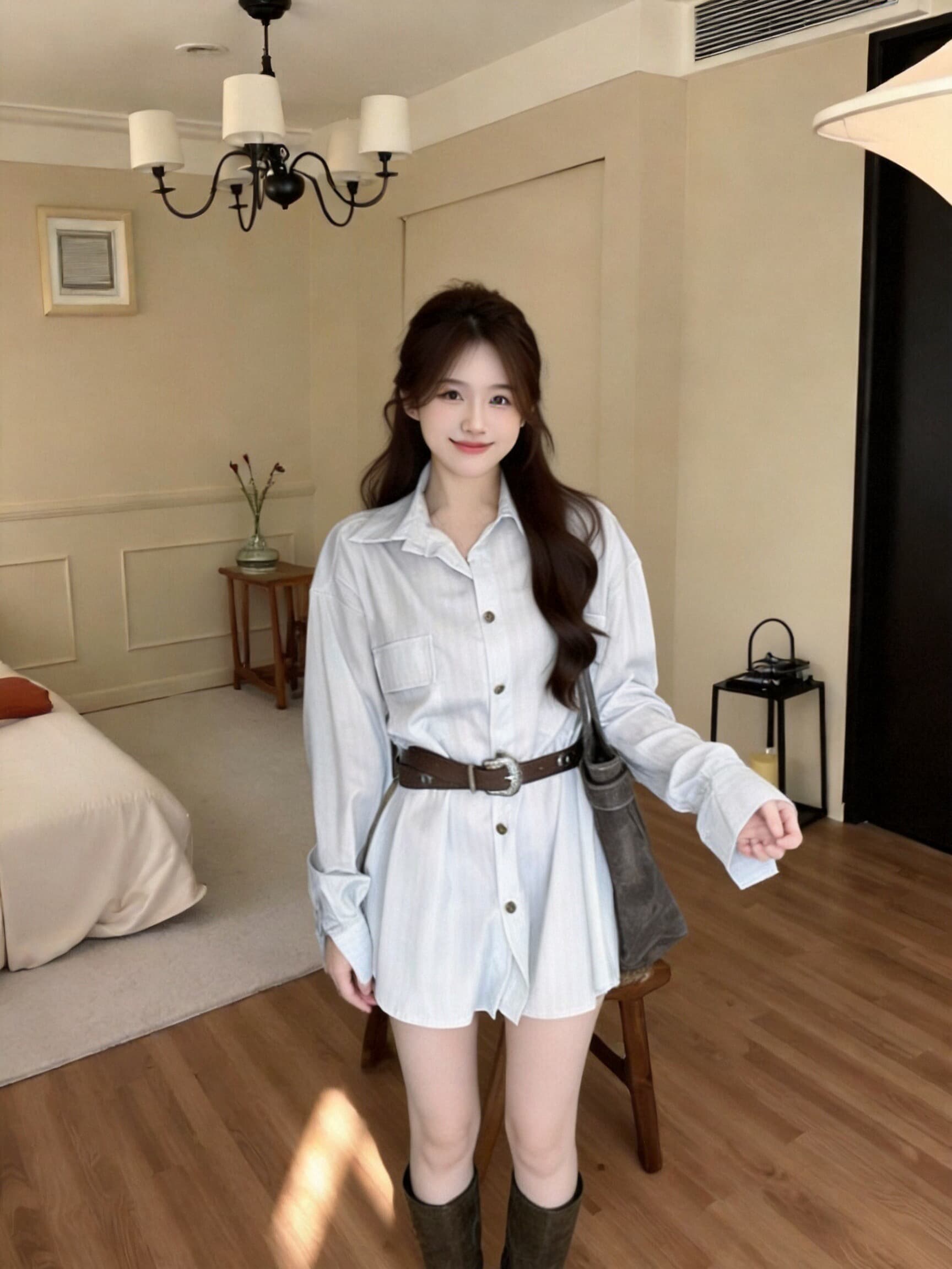 폴로 칼라 스트라이프 셔츠 여성 드레스 이미지 3