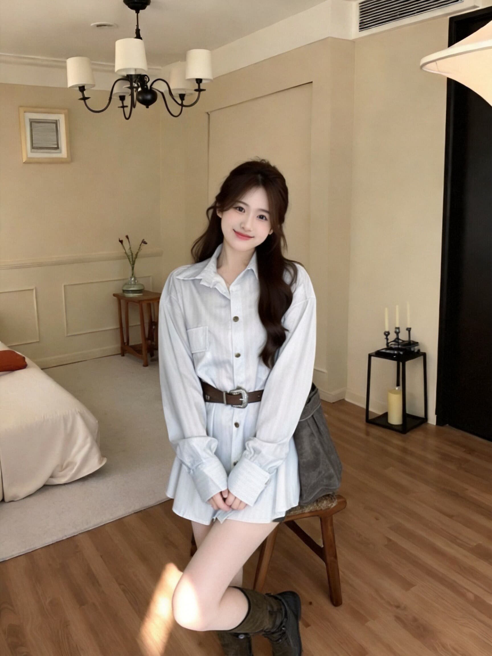 폴로 칼라 스트라이프 셔츠 여성 드레스 이미지 4