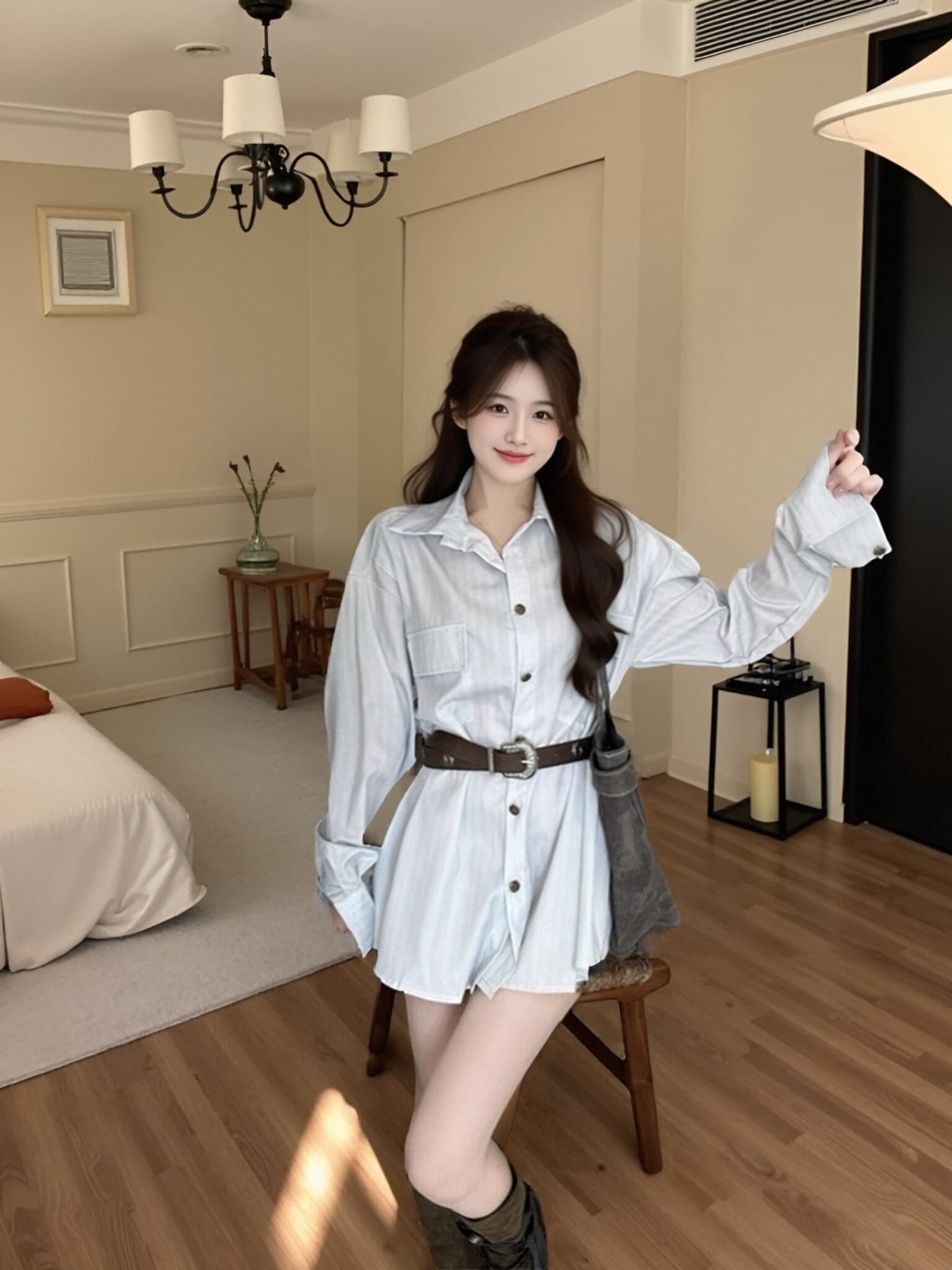 폴로 칼라 스트라이프 셔츠 여성 드레스 이미지 5
