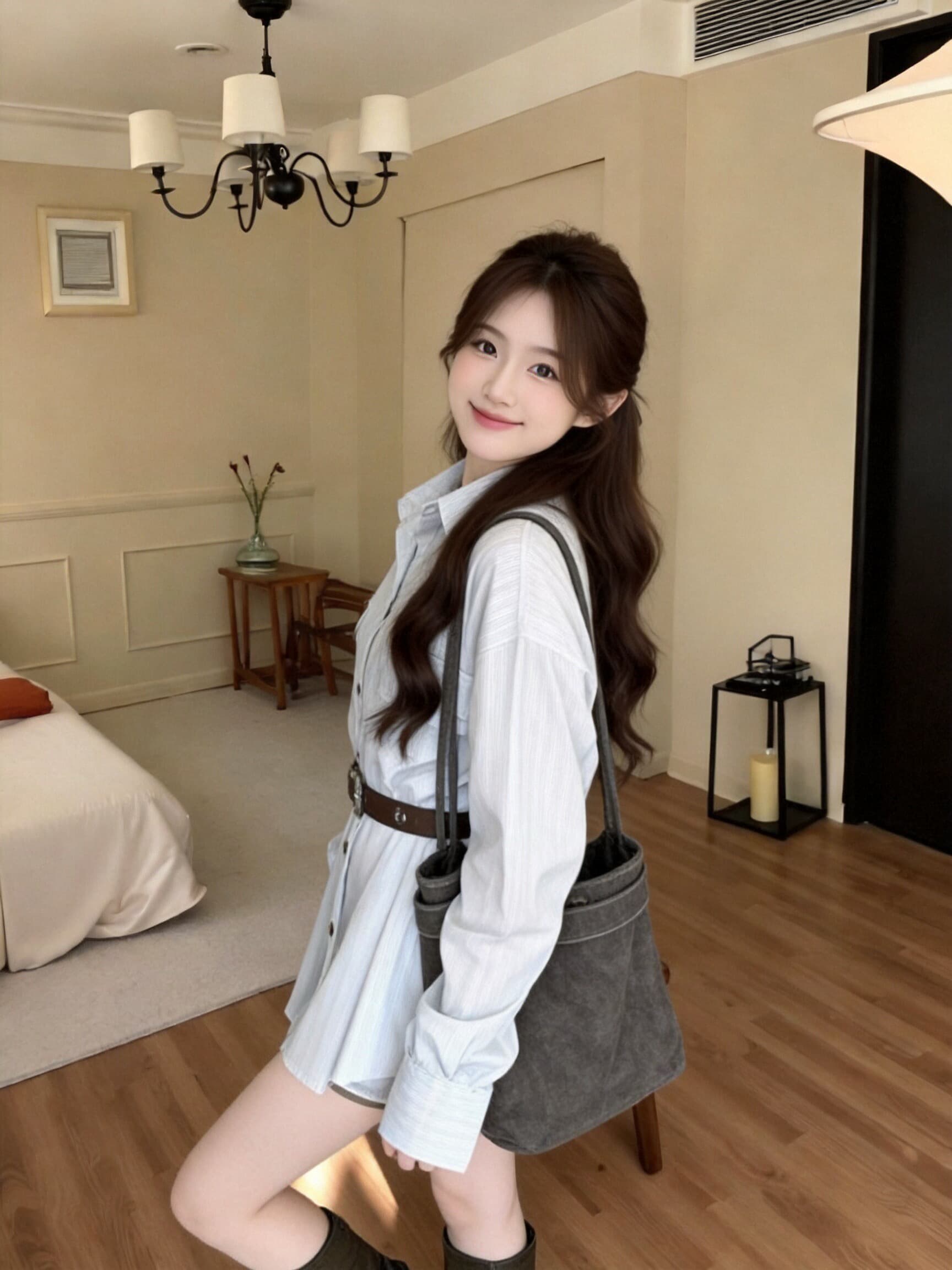 폴로 칼라 스트라이프 셔츠 여성 드레스 상세 이미지 4