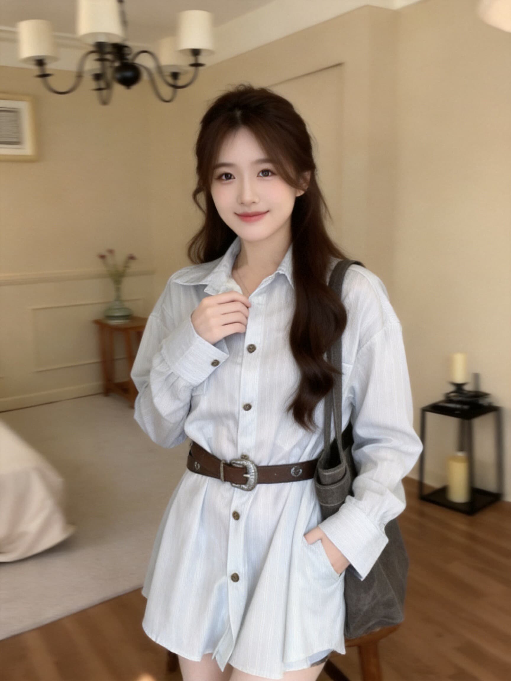 폴로 칼라 스트라이프 셔츠 여성 드레스 상세 이미지 5