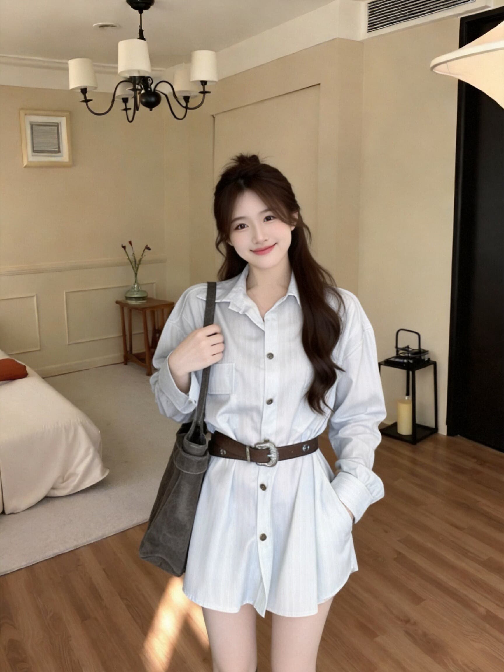 폴로 칼라 스트라이프 셔츠 여성 드레스 상세 이미지 7