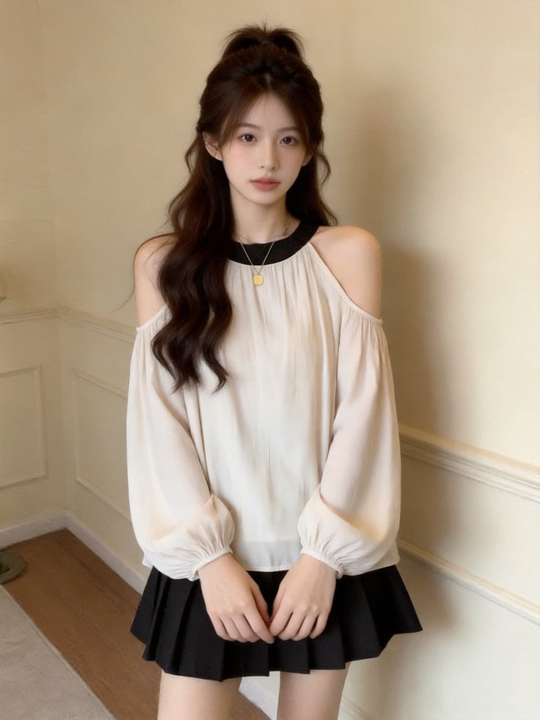 가을 오프숄더 행침 목 라운드 넥 긴팔 셔츠 맨위 이미지 5