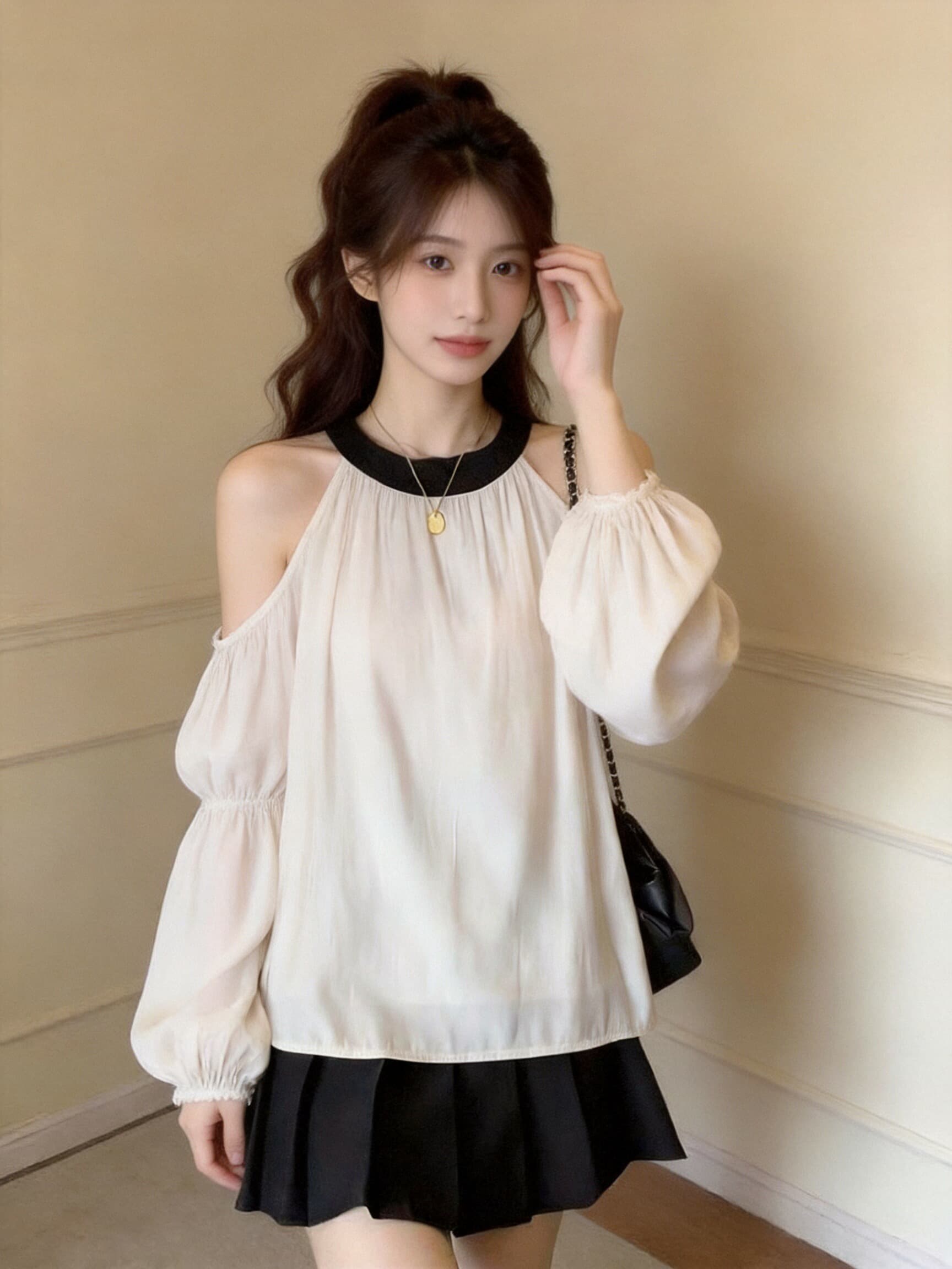 가을 오프숄더 행침 목 라운드 넥 긴팔 셔츠 맨위 상세 이미지 3