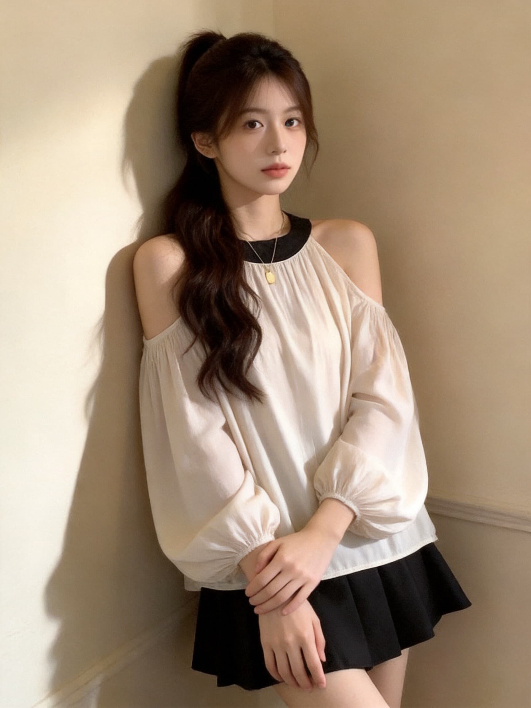 가을 오프숄더 행침 목 라운드 넥 긴팔 셔츠 맨위 상세 이미지 5