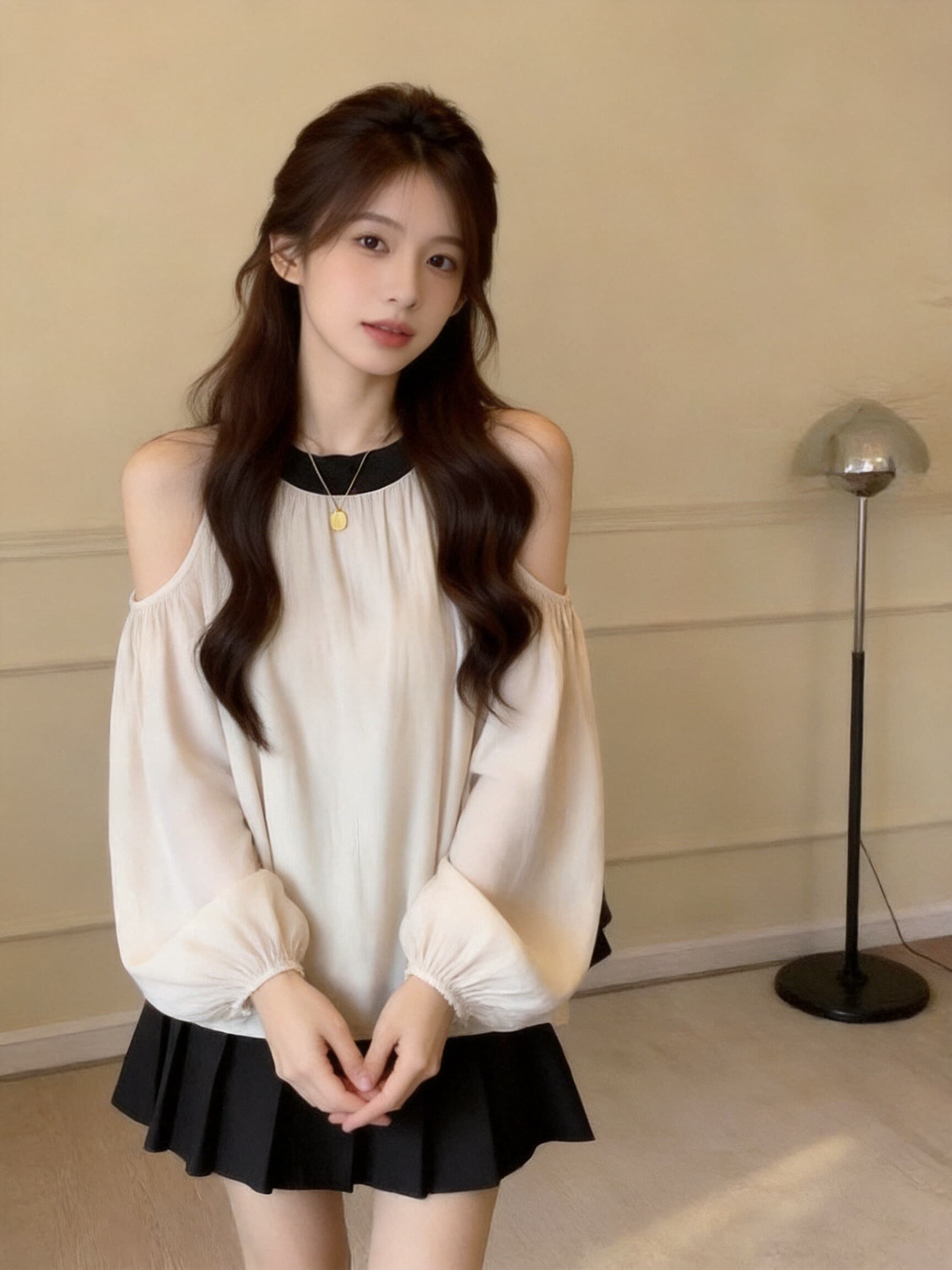 가을 오프숄더 행침 목 라운드 넥 긴팔 셔츠 맨위 상세 이미지 6