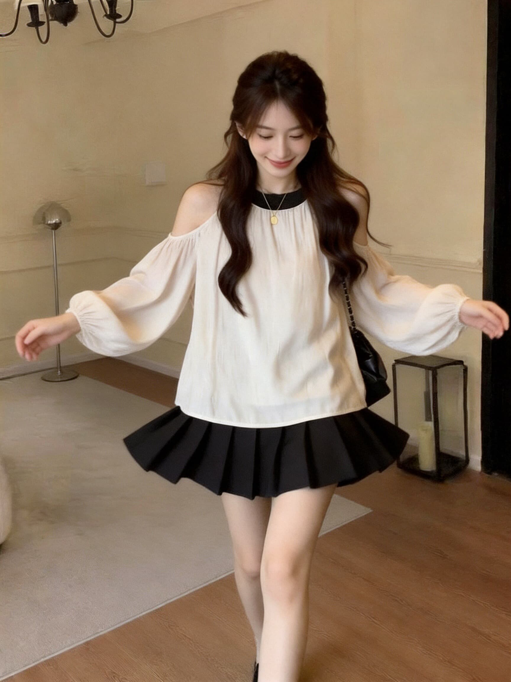 가을 오프숄더 행침 목 라운드 넥 긴팔 셔츠 맨위 상세 이미지 7