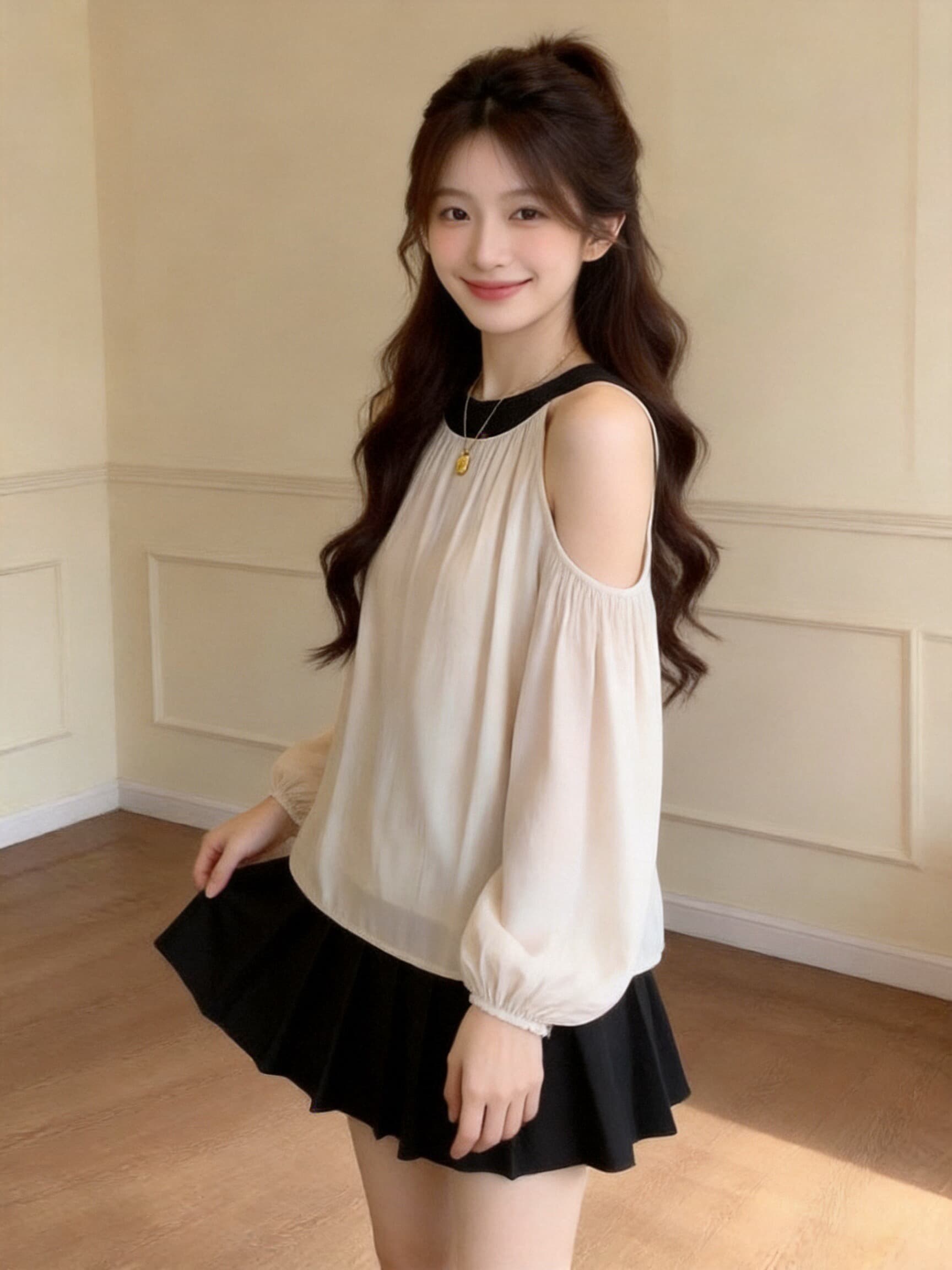 가을 오프숄더 행침 목 라운드 넥 긴팔 셔츠 맨위 상세 이미지 9