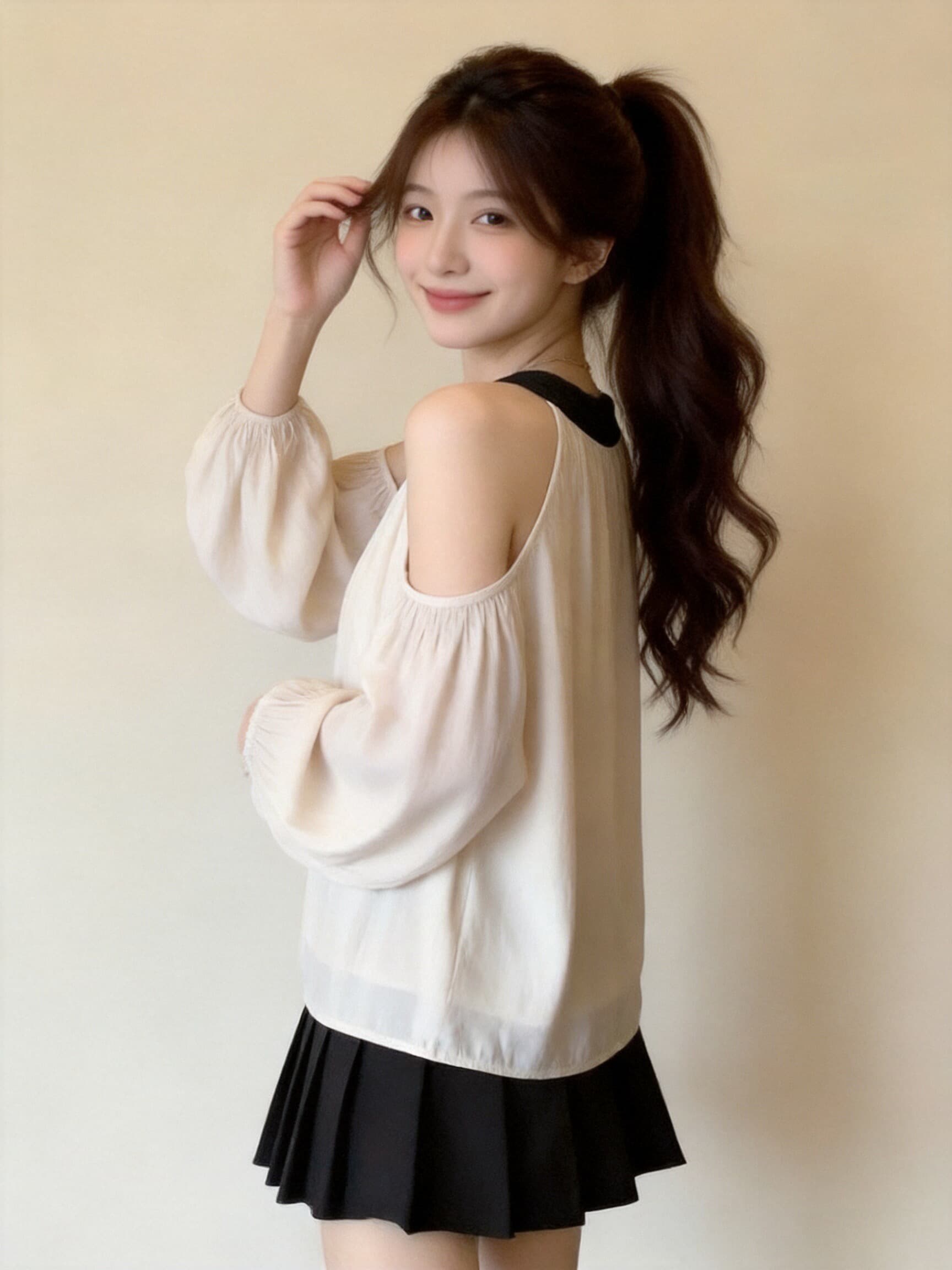 가을 오프숄더 행침 목 라운드 넥 긴팔 셔츠 맨위 상세 이미지 10