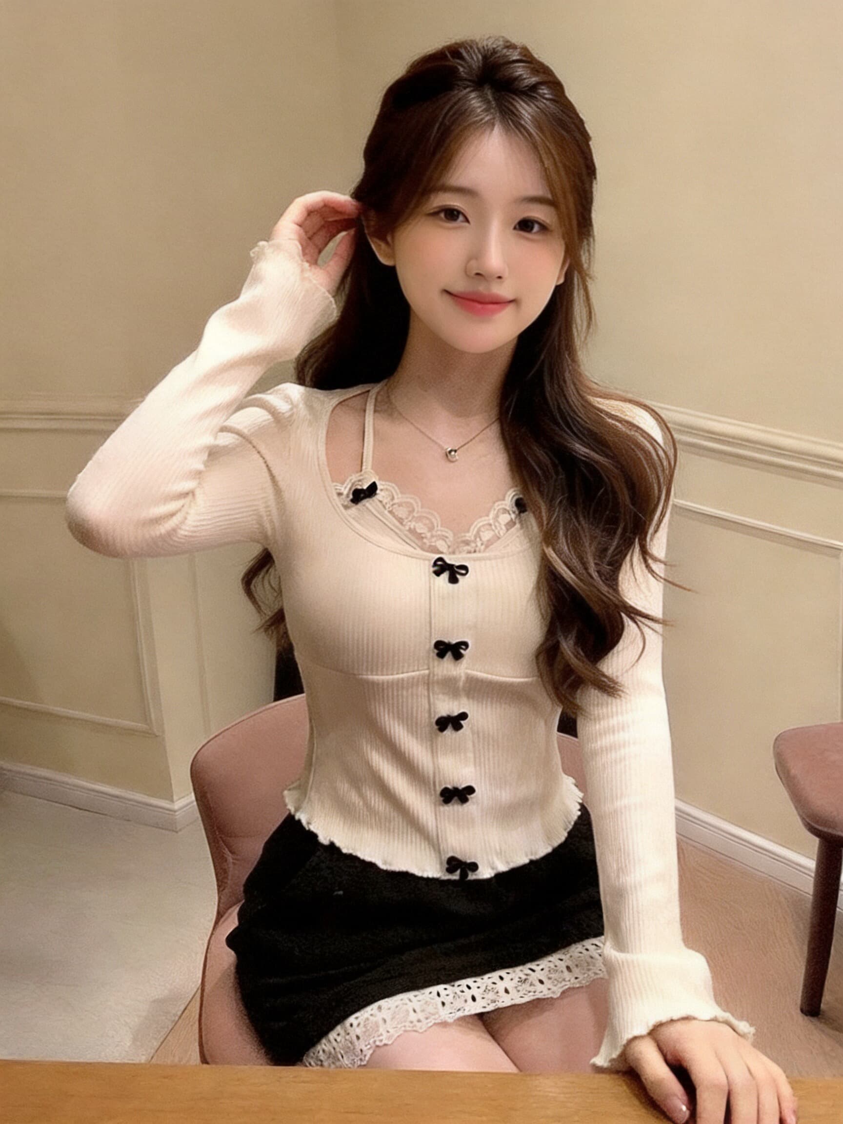 가을 레이스 행침 목 슬립 페이크 레이어드 맨위 여성 상세 이미지 3