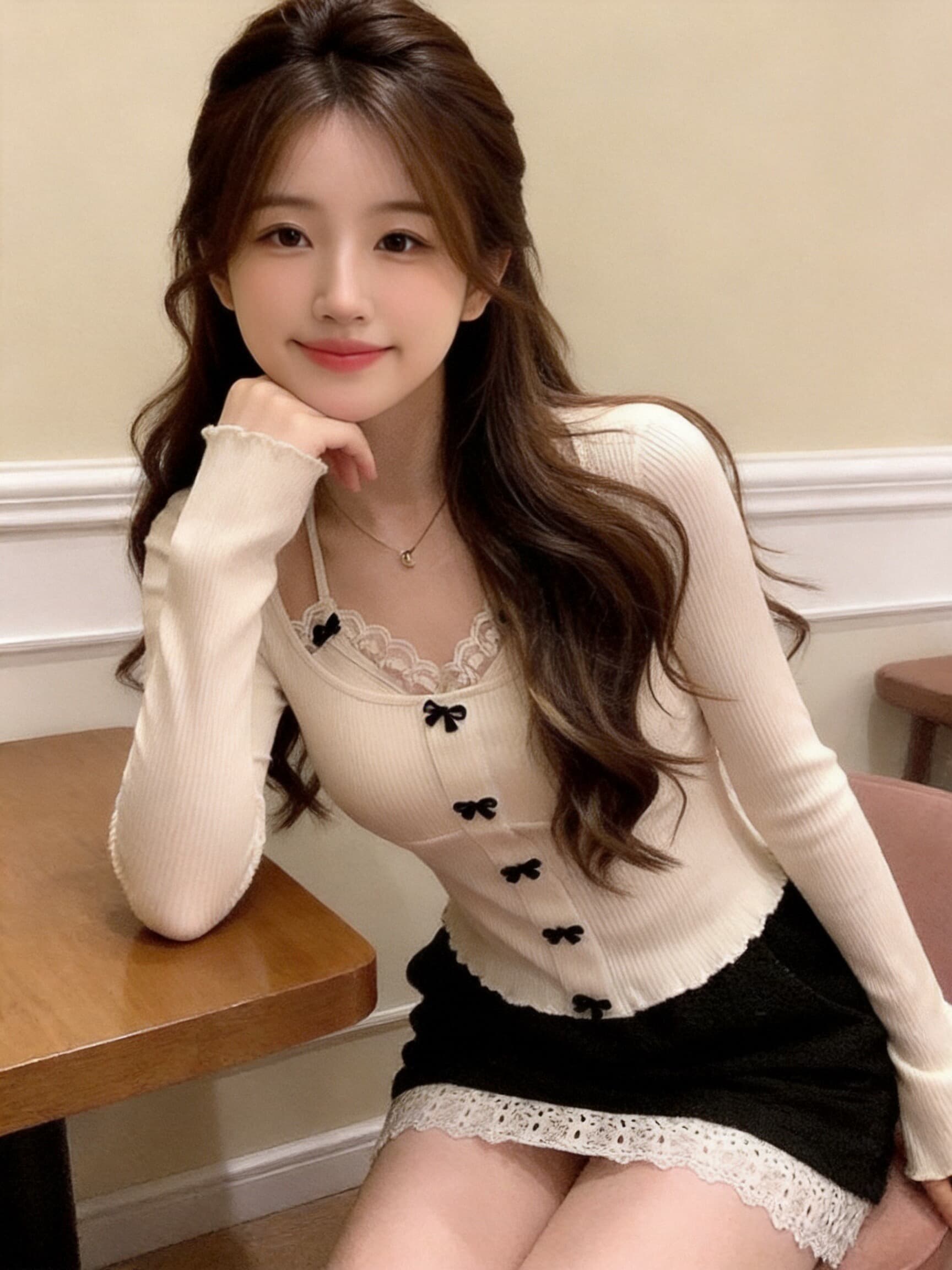 가을 레이스 행침 목 슬립 페이크 레이어드 맨위 여성 상세 이미지 6