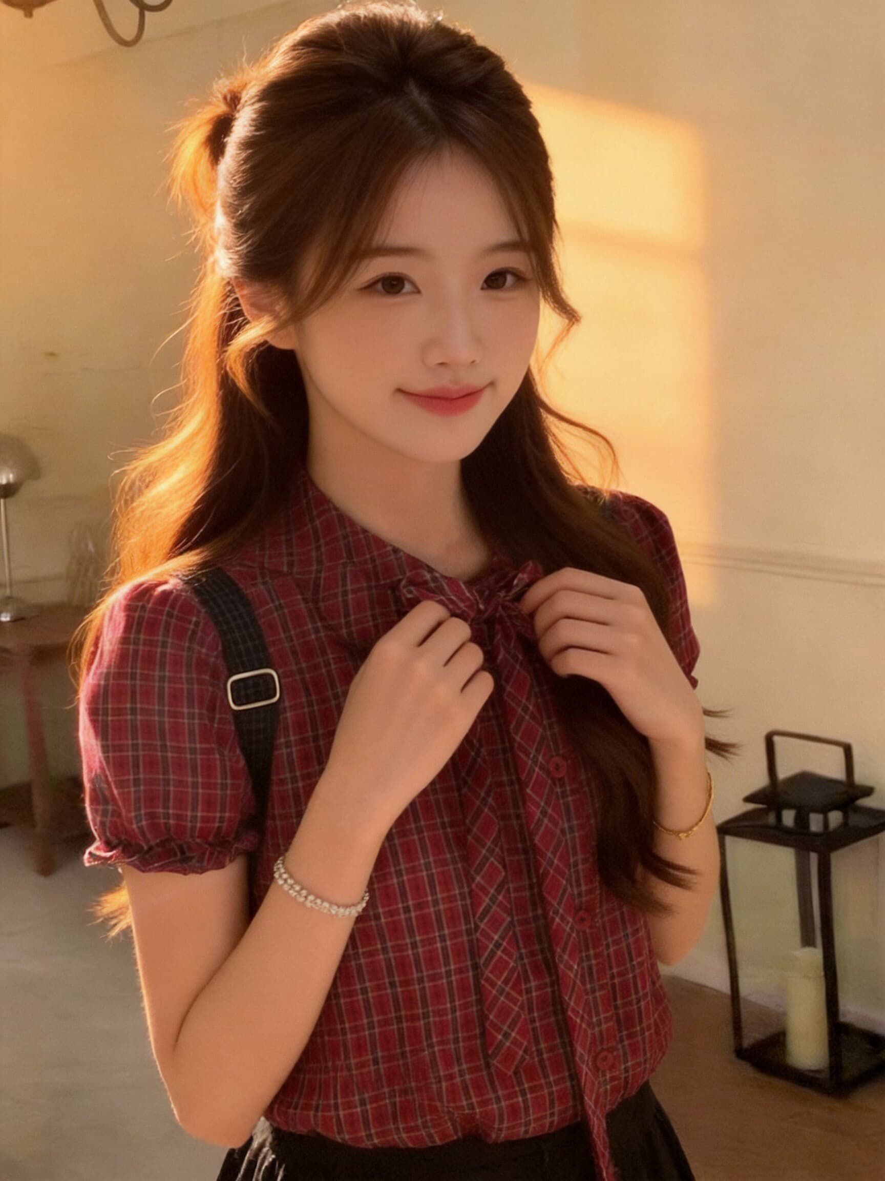 빨간색 체크무늬 거품 소매 나비 매듭 허리 수축 맨위 여성 이미지 5