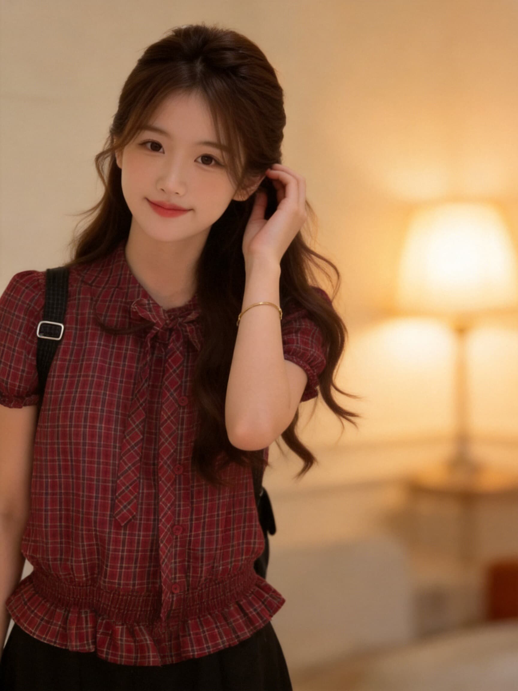 빨간색 체크무늬 거품 소매 나비 매듭 허리 수축 맨위 여성 이미지 3