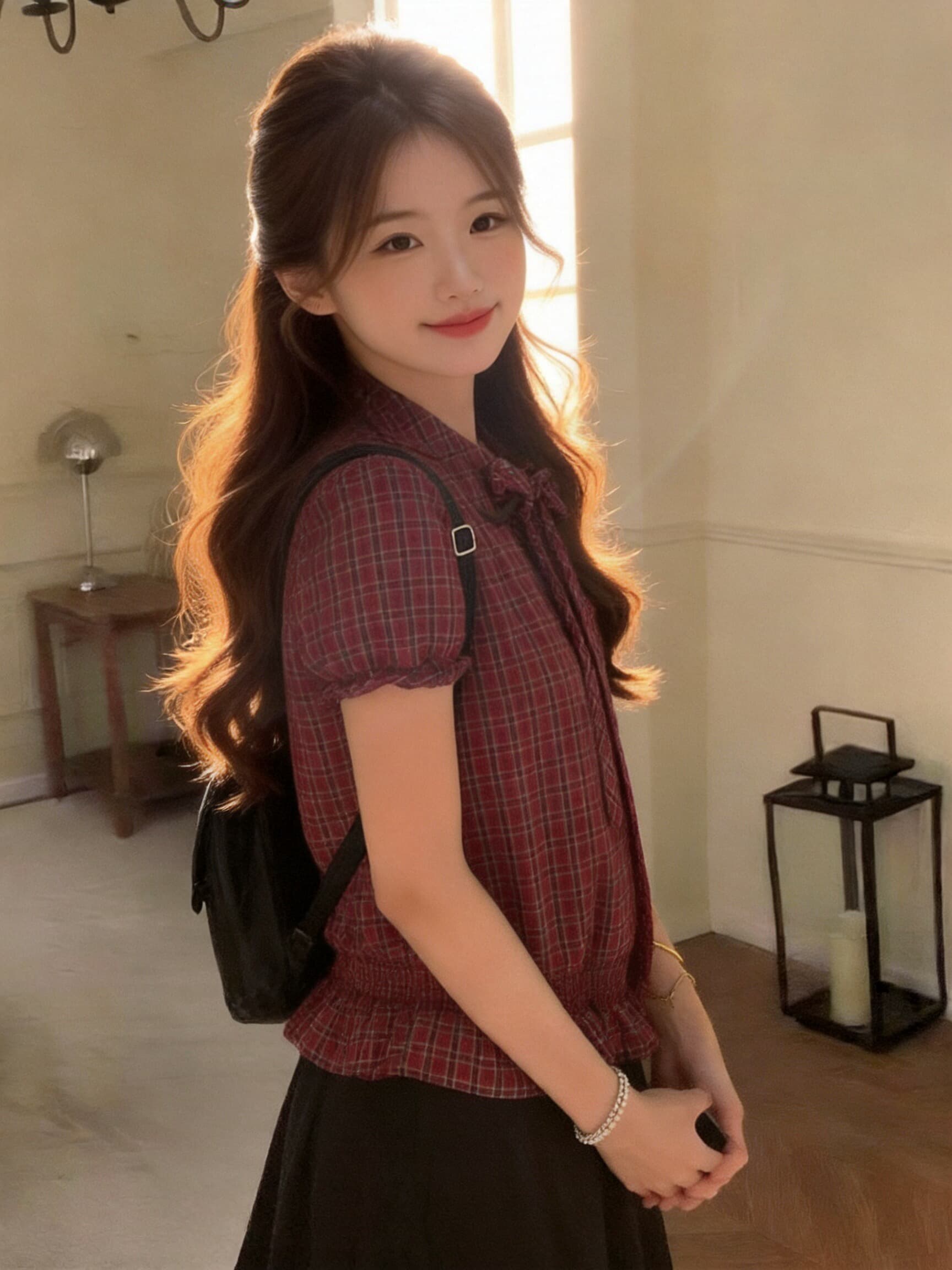 빨간색 체크무늬 거품 소매 나비 매듭 허리 수축 맨위 여성 상세 이미지 3