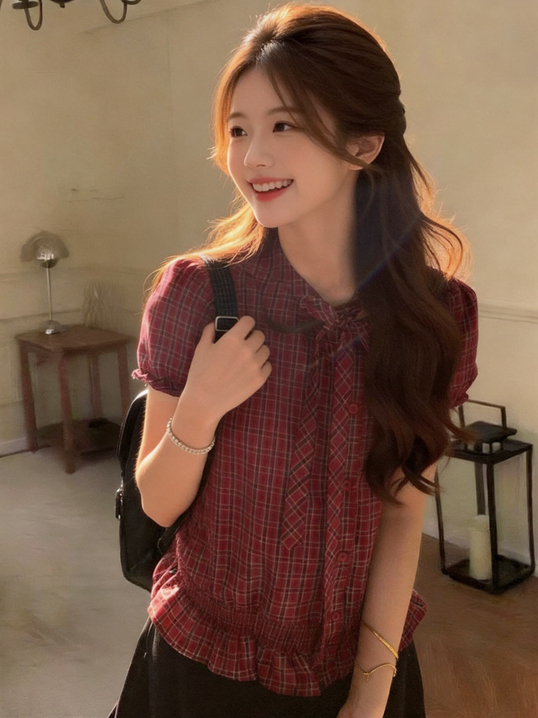 빨간색 체크무늬 거품 소매 나비 매듭 허리 수축 맨위 여성 상세 이미지 4
