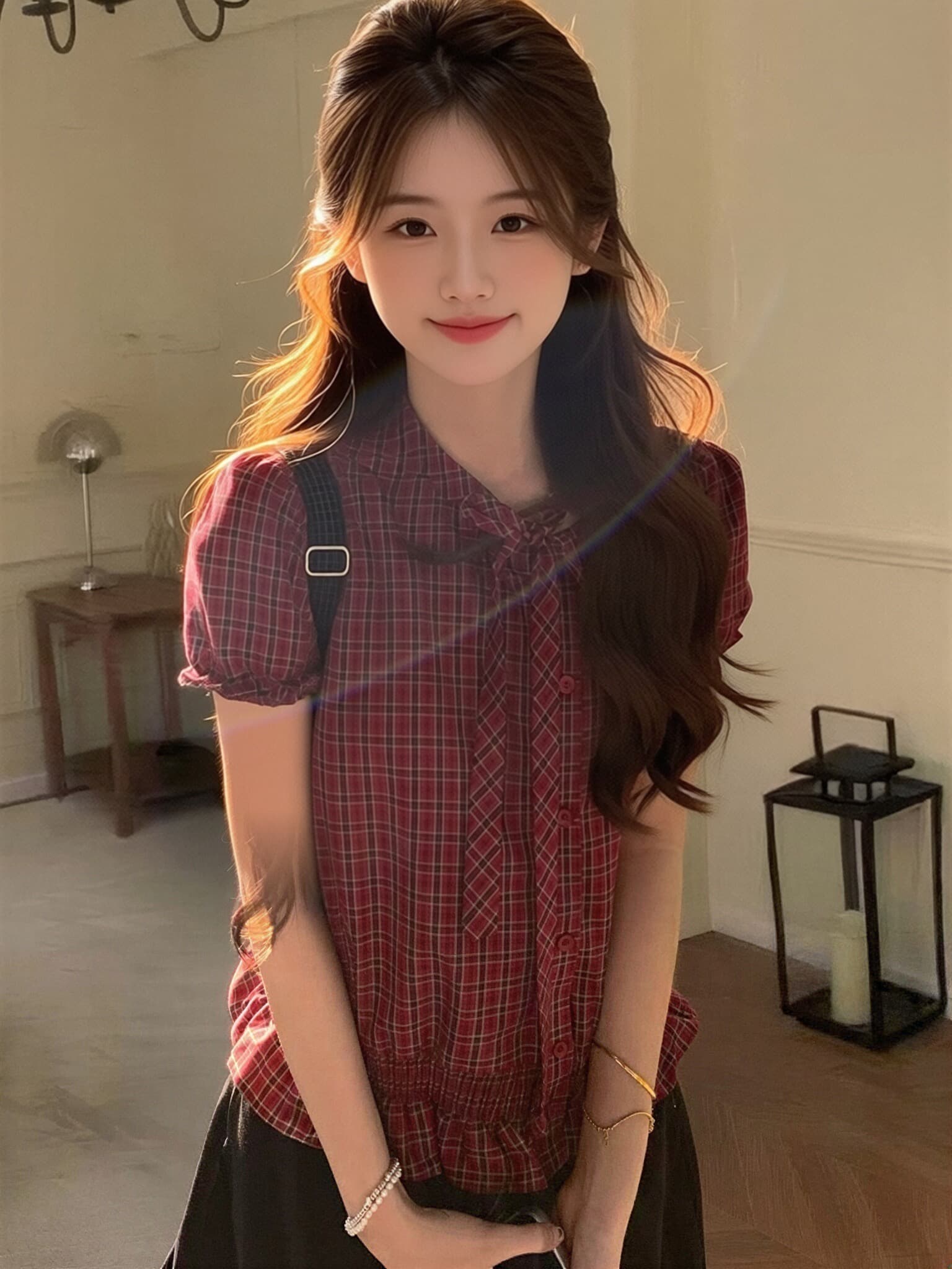 빨간색 체크무늬 거품 소매 나비 매듭 허리 수축 맨위 여성 상세 이미지 7