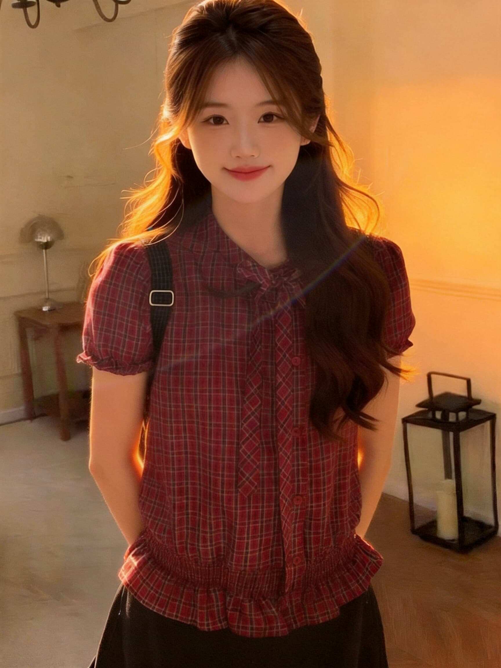 빨간색 체크무늬 거품 소매 나비 매듭 허리 수축 맨위 여성 상세 이미지 8