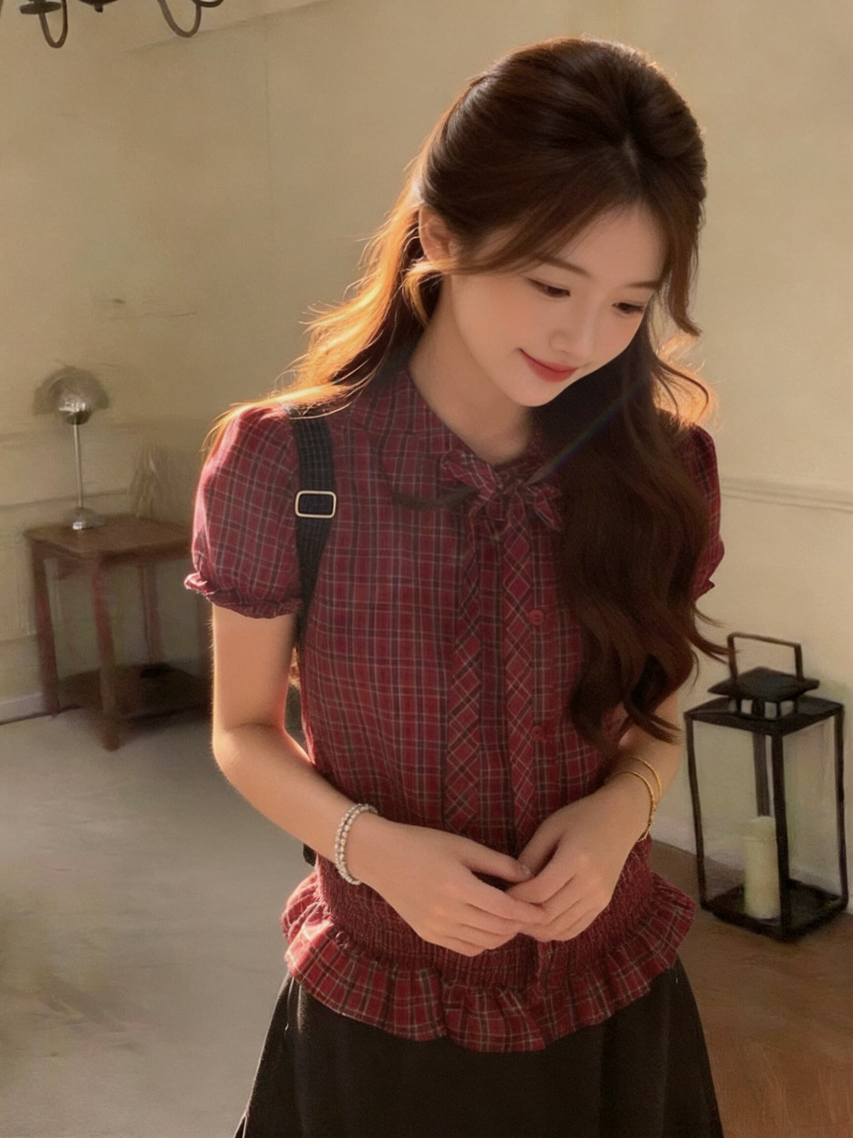 빨간색 체크무늬 거품 소매 나비 매듭 허리 수축 맨위 여성 상세 이미지 9